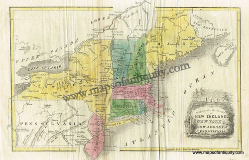 Antique-Hand-Colored-Map-Map-to-Illustrate-the-History-of-New-England-New-York-New-Jersey-and-Pennsylvania.--United-States-Northeast-General-1844--Maps-Of-Antiquity