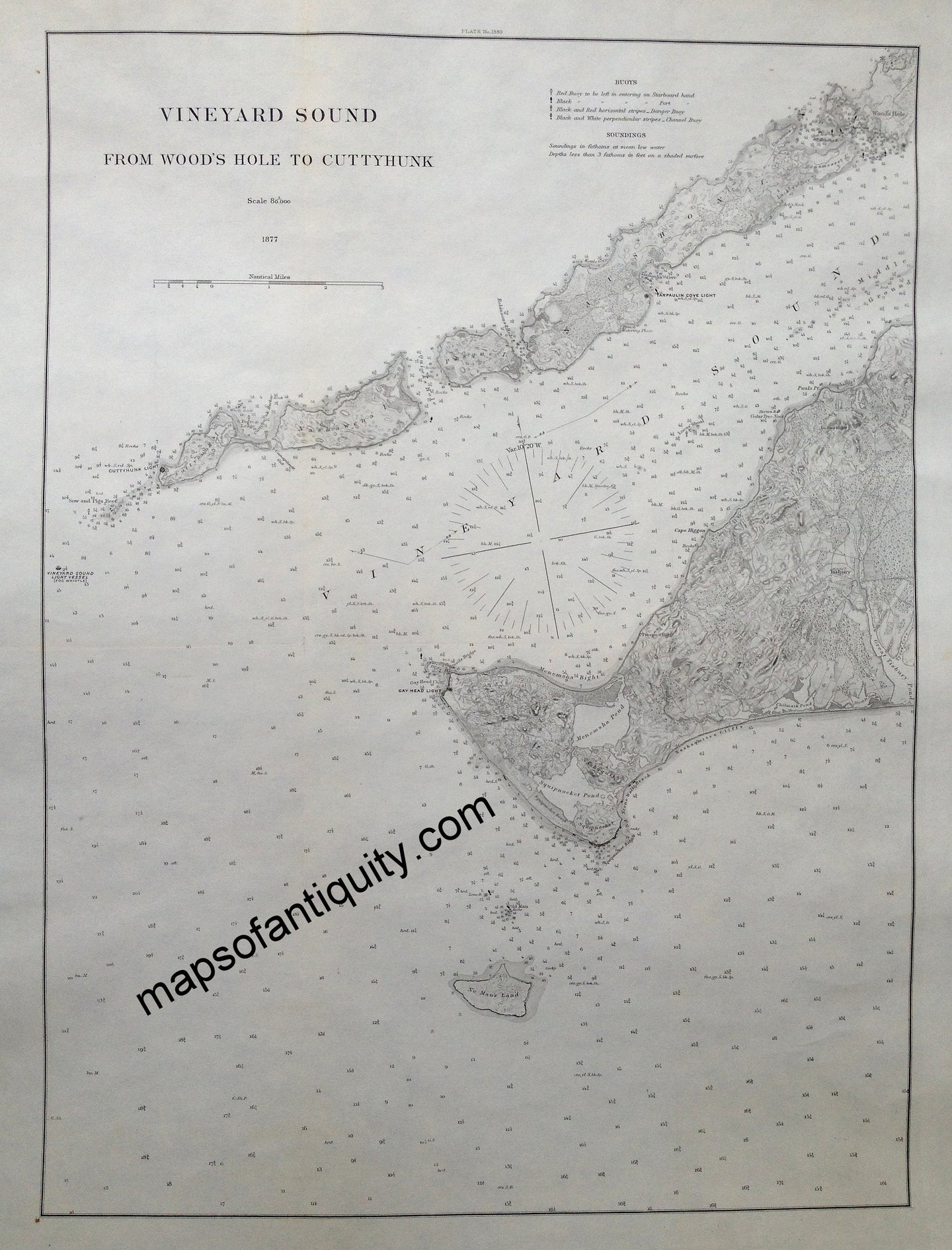 Black-and-White-Antique-Nautical-Chart-Vineyard-Sound-from-Wood's-Hole-to-Cuttyhunk-****-United-States-New-England-1877-US-Coast-Pilot-Maps-Of-Antiquity