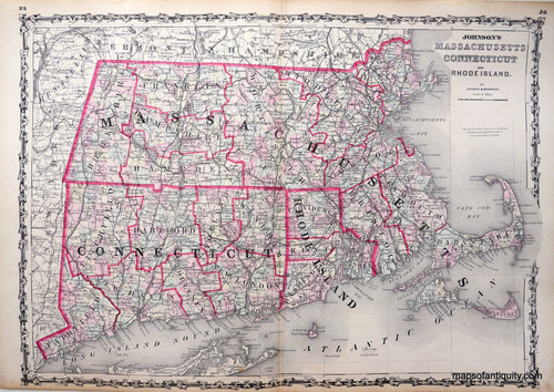 Antique-Hand-Colored-Map-Johnson's-Massachusetts-Connecticut-and-Rhode-Island-New-England-Northeast-1861-Johnson-and-Browning-Maps-Of-Antiquity