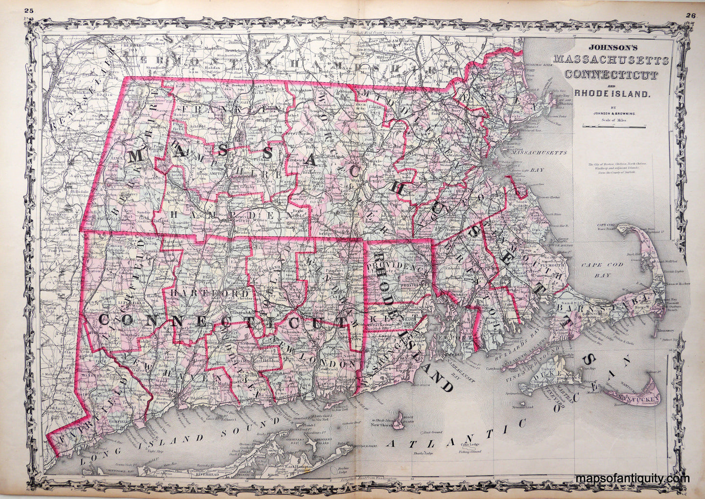 Antique-Hand-Colored-Map-Johnson's-Massachusetts-Connecticut-and-Rhode-Island-New-England-Northeast-1861-Johnson-and-Browning-Maps-Of-Antiquity