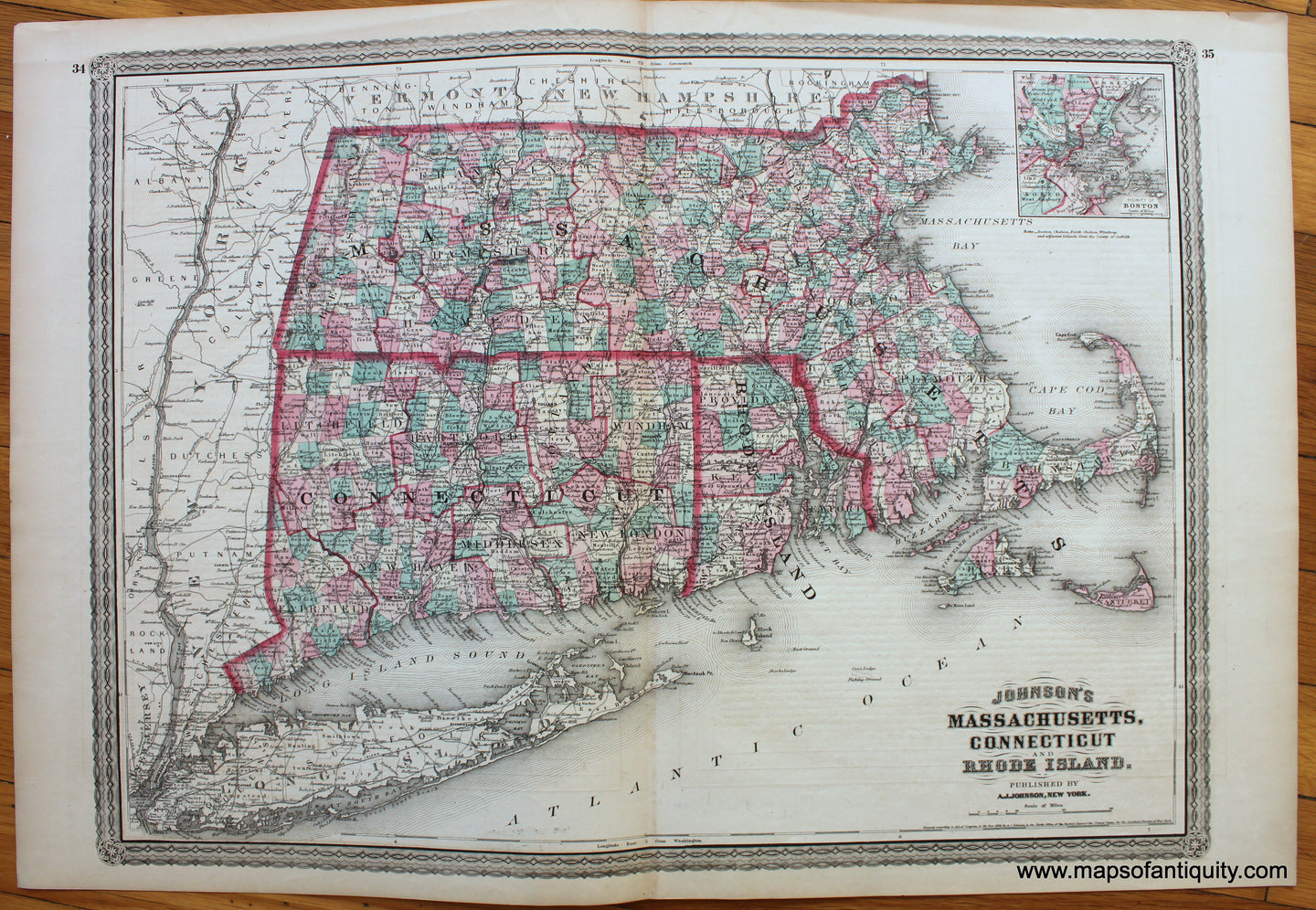 Antique-Map-Johnson's-Massachusetts-Connecticut-and-Rhode-Island