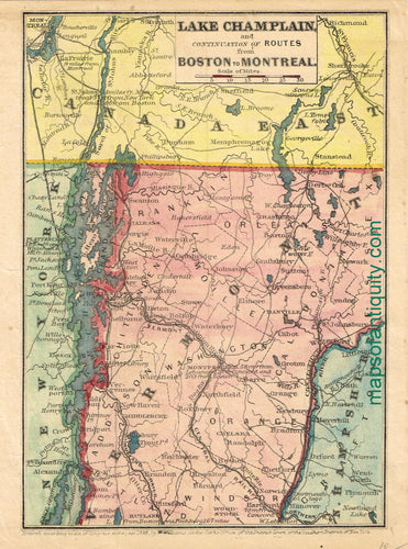 Antique-Hand-Colored-Map-Lake-Champlain-and-Continuation-of-Routes-from-Boston-to-Montreal-New-England--1848-W.-Williams-Maps-Of-Antiquity