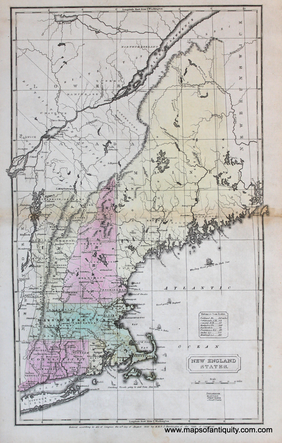 Antique-Hand-Colored-Map-New-England-States-**********-United-States-New-England-1830/1833-Malte-Brun-Maps-Of-Antiquity