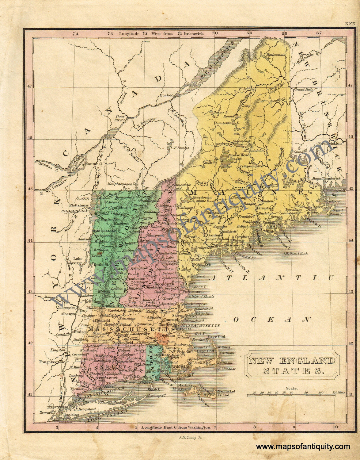 Antique-Hand-Colored-Map-New-England-States-******-New-England--1828-M.-Malte-Brun-Maps-Of-Antiquity