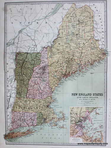 Antique-Printed-Color-Map-New-England-States-and-Long-Island-with-Environs-of-Boston.-**********-United-States-North-East-1873-J.-Bartholomew-Maps-Of-Antiquity