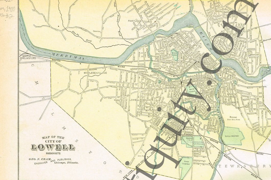 Antique-Printed-Color-Map-Map-of-the-City-of-Lowell-Massachusetts-United-States-Northeast-1900-Cram-Maps-Of-Antiquity