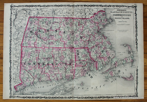 Antique-Hand-Colored-Map-Johnson's-Massachusetts-Connecticut-and-Rhode-Island-United-States-Northeast-1864-Johnson-and-Ward-Maps-Of-Antiquity