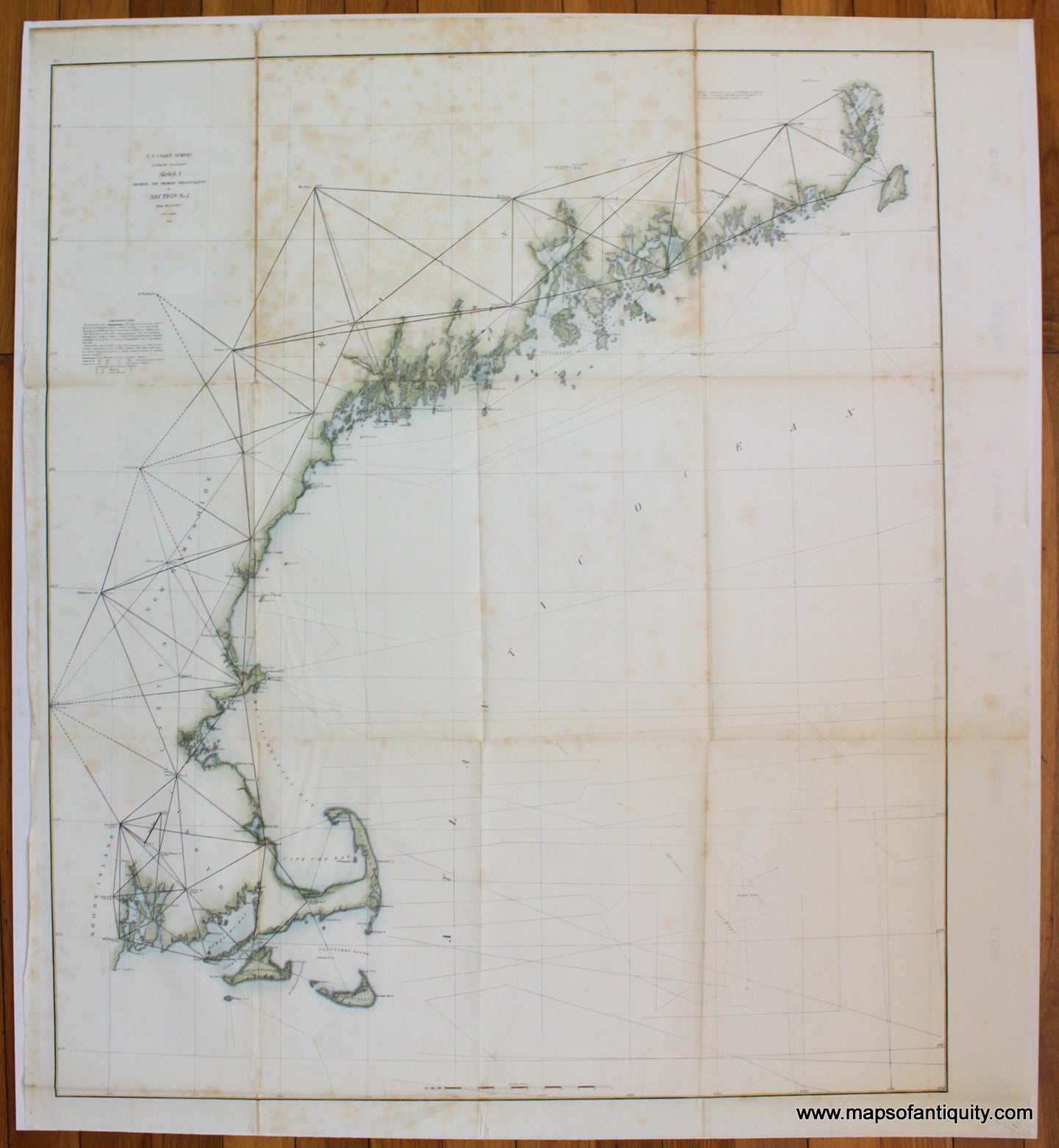 Hand-Colored-Antique-Nautical-Chart-Northeast-Coast-United-States-Coast-Survey-Sketch-A-Shewing-the-Primary-Triangulation-in-Section-No.-1-From-1844-to-1859-******-Antique-Nautical-Charts-and-Coast-Surveys-of-the-WorldÃ‚Â -Coastal-Report-Charts-New-England-1859-U.S.-Coast-Survey-Maps-Of-Antiquity