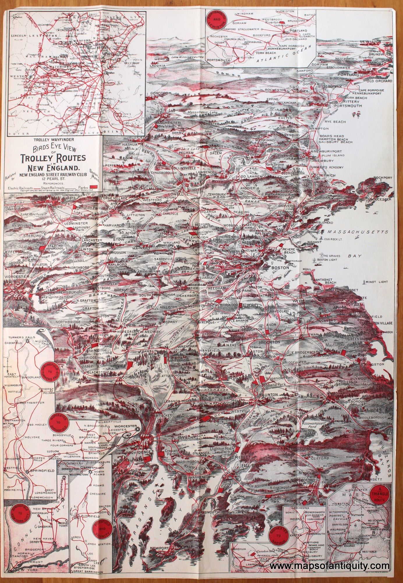 Antique-Map-Bird's-Eye-View-New-England-street-railroad-railway-rail-road-way-trolley-1908-1900s