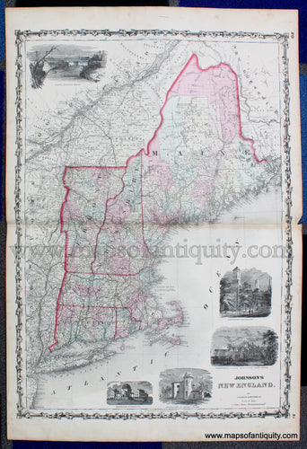 Antique-Hand-Colored-Map-Johnson's-New-England-Johnson-&-Browning-Northeast-Northeast-General-New-England--1861-1800s-19th-century-Maps-of-Antiquity