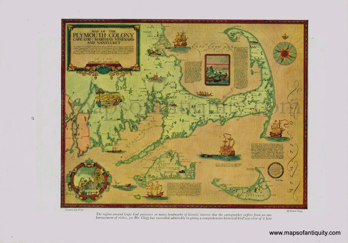 Antique-Printed-Color-Map-Map-of-the-Plymouth-Colony-Cape-Cod-:-Martha's-Vineyard-and-Nantucket-VERSO:-The-Coast-of-Maine-and-Mount-Desert-Island-1925-Clegg/Country-Life-Magazine-Northeast-New-England-1800s-19th-century-Maps-of-Antiquity