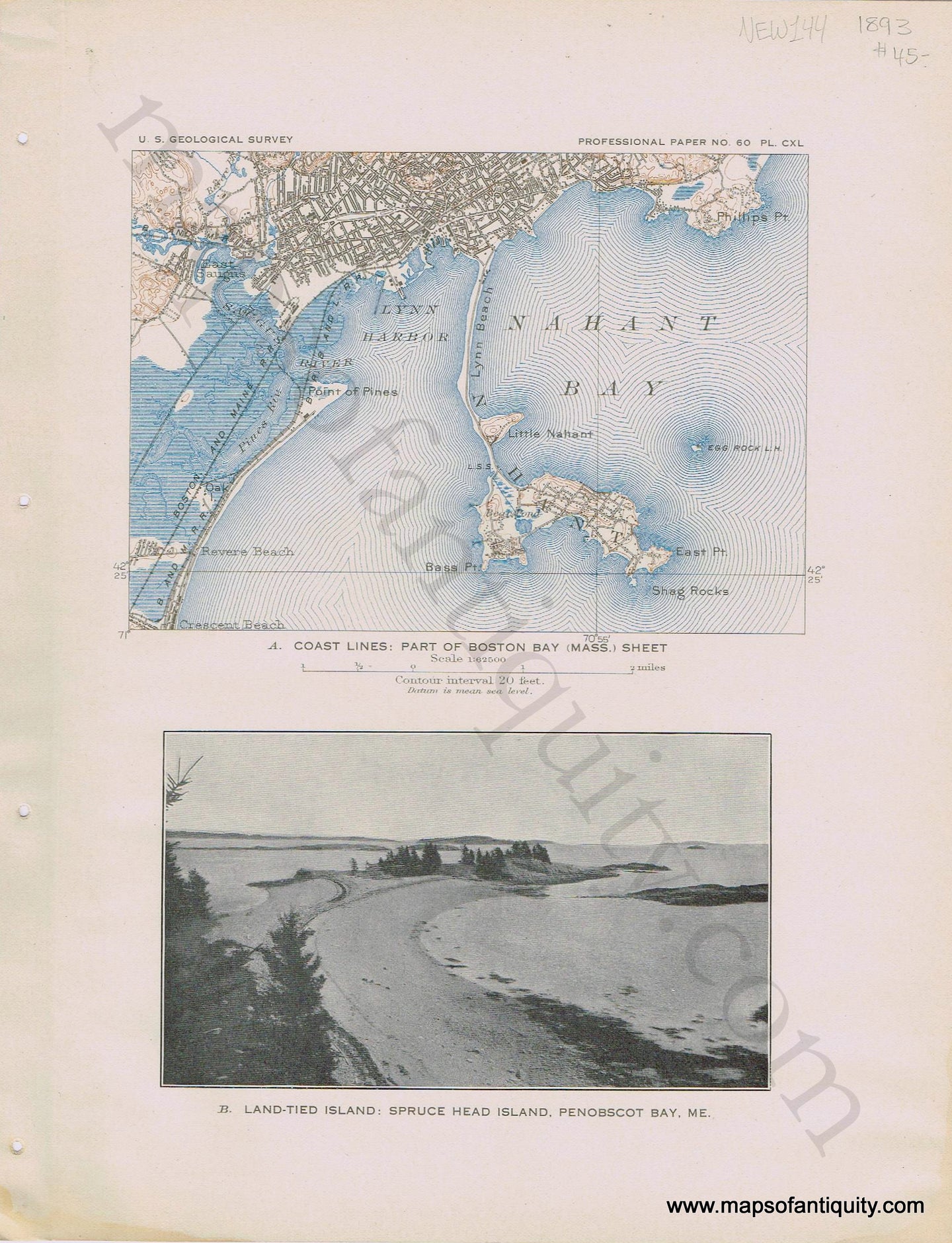 Antique-Printed-Color-Coast-Chart-Coast-lines:-Part-of-Boston-Bay-(Mass.)-Sheet-&-Spruce-Head-Island-Penobscot-Bay-ME.-1893-USGS-Northeast-Massachusetts-Maine-1800s-19th-century-Maps-of-Antiquity