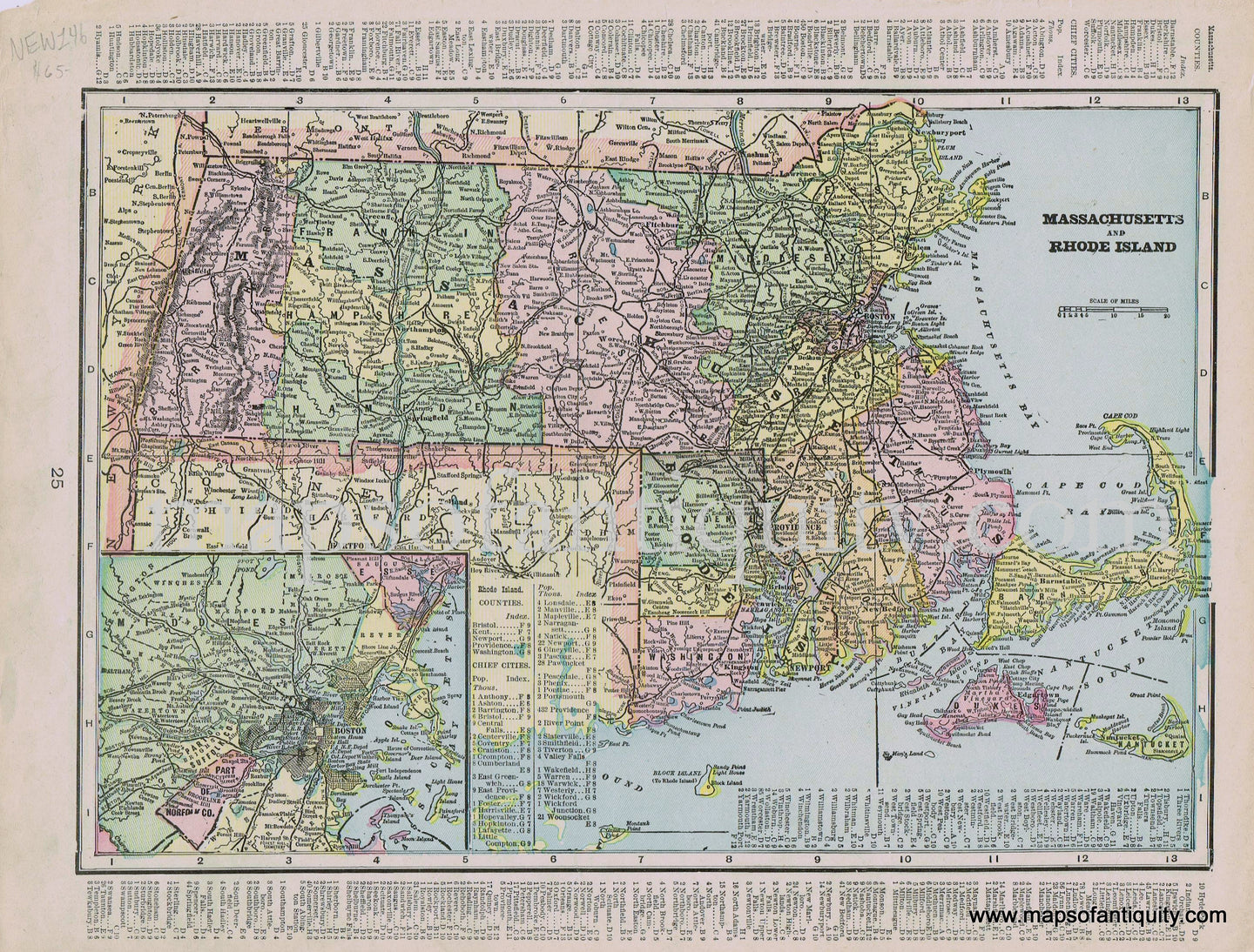 Antique-Printed-Color-Map-Massachusetts-and-Rhode-Island-Verso:-Connecticut-Rand-McNally-New-England-Massachusetts-Rhode-Island-Connecticut-1800s-19th-century-Maps-of-Antiquity