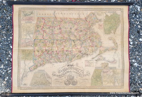 Genuine-Antique-Wall-Map-Map-of-Massachusetts-Rhode-Island-Connecticut-compiled-from-the-Latest-Authorities-1852-Ensign-Thayer-Maps-Of-Antiquity