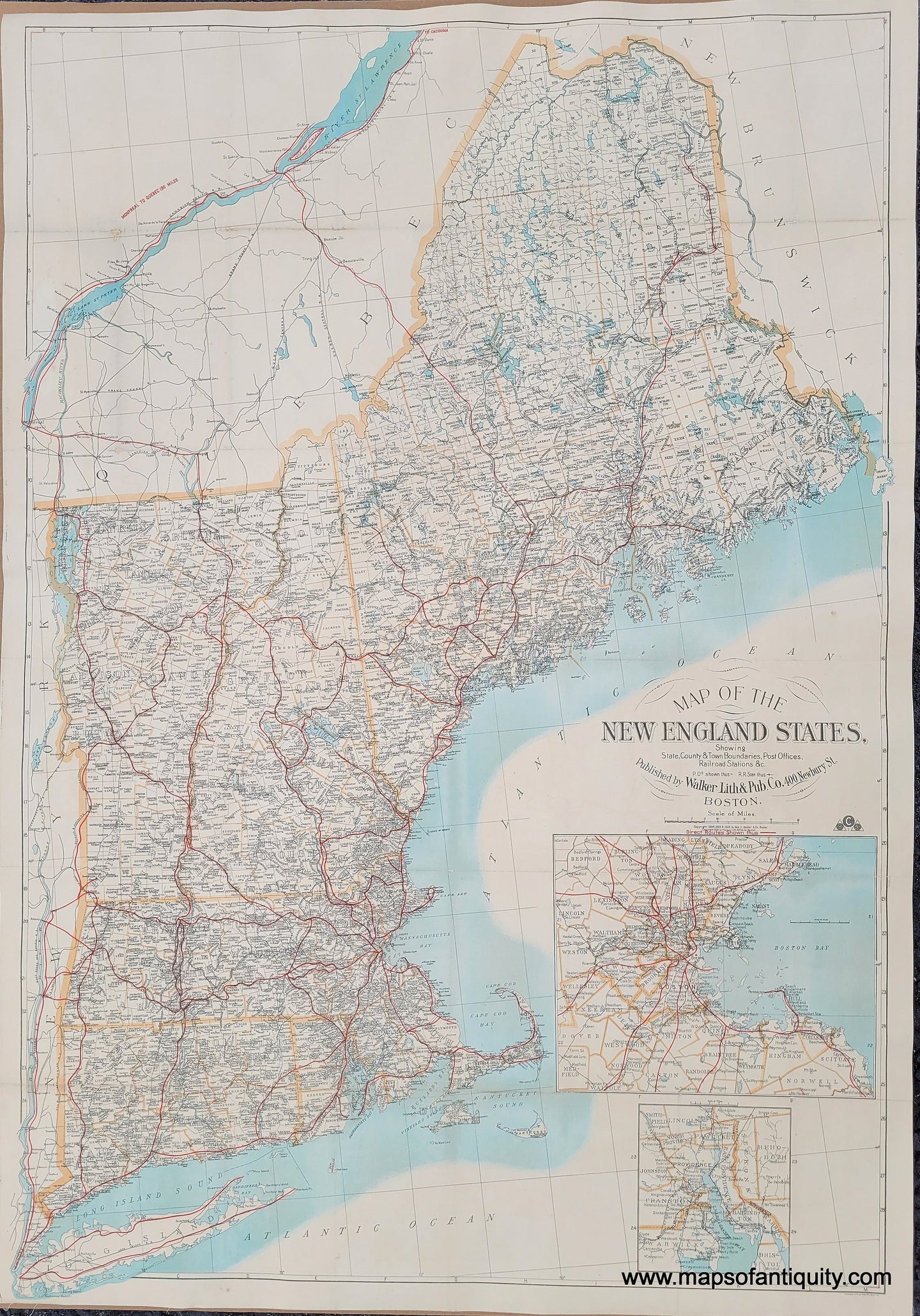 Genuine-Antique-Map-Map-of-the-New-England-States-showing-State-County-Town-Boundaries-Post-Offices-Railroad-Stations-1909-Walker-Maps-Of-Antiquity