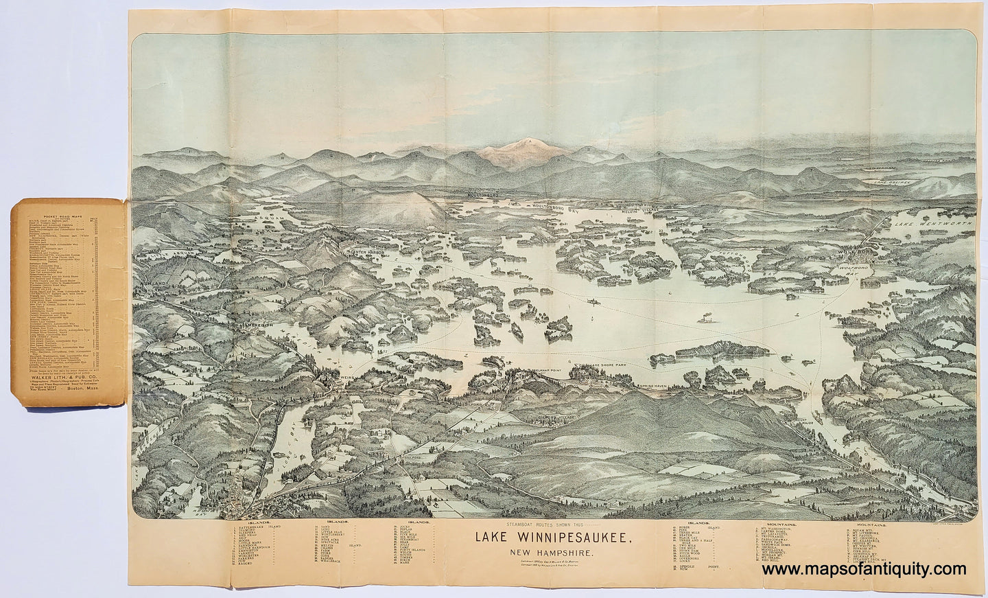 Genuine-Antique-Bird's-Eye-View-Map-Lake-Winnipesaukee-Mount-Washington-New-Hampshire-NH-United-States-Northeast-1909-Walker-Maps-Of-Antiquity