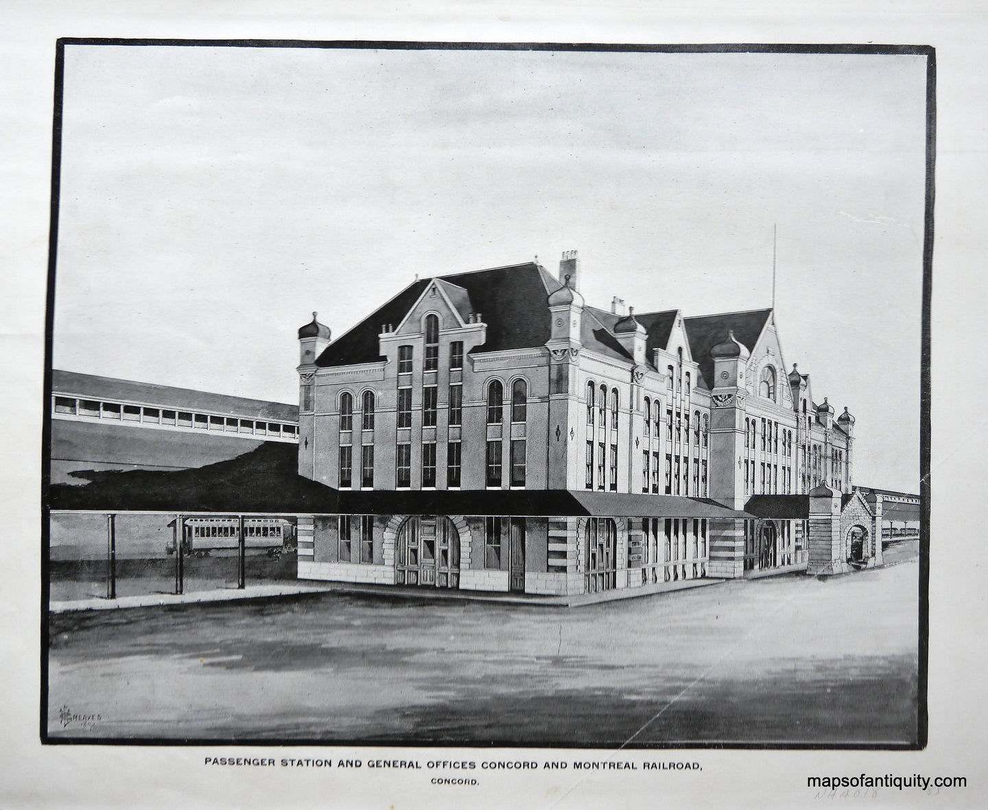 Antique-Illustration-Passenger-Station-and-General-Office-Concord-and-Montreal-Railroad-Concord.-(Photo).--(NH)-New-Hampshire--1892-Hurd-Maps-Of-Antiquity