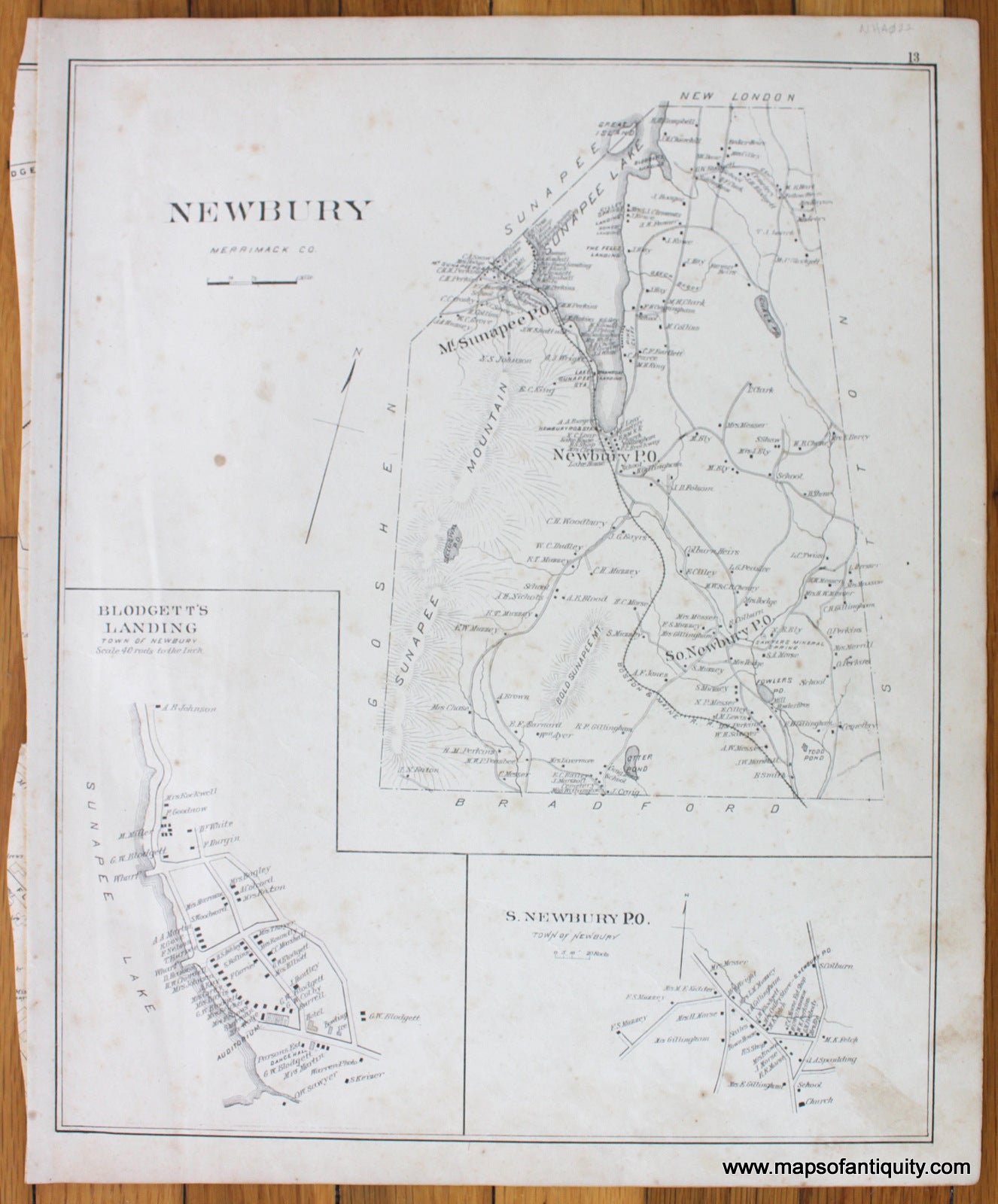 Antique-Map-Newbury-(NH)-New-Hampshire--1892-Hurd-Maps-Of-Antiquity