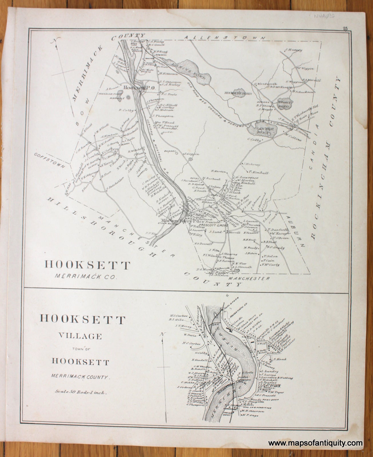 Antique-Map-Hooksett-Merrimack--County-(NH)--******-New-Hampshire--1892-Hurd-Maps-Of-Antiquity