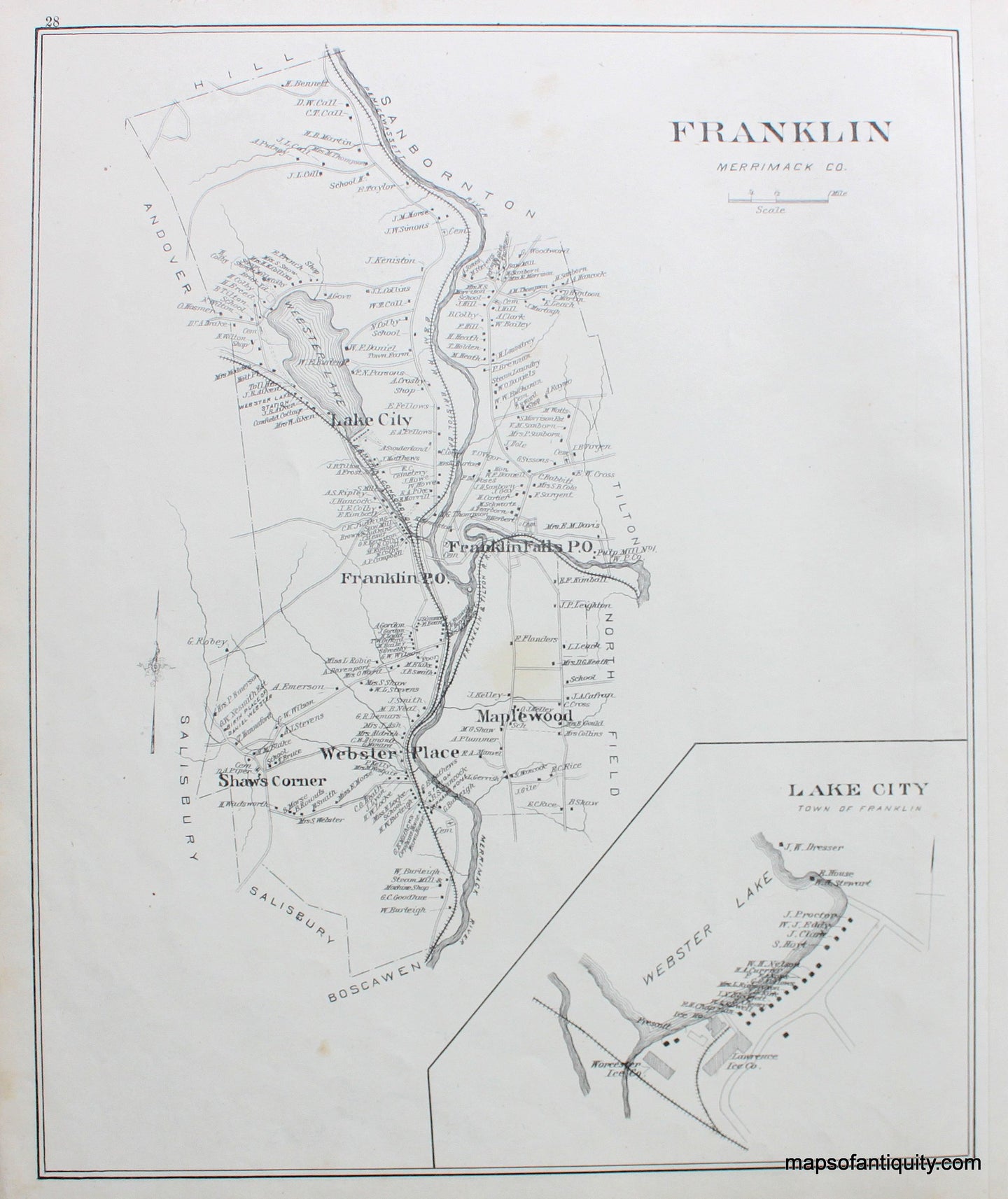 Antique-Map-Franklin-and-Lake-City-(NH)-New-Hampshire--1892-Hurd-Maps-Of-Antiquity