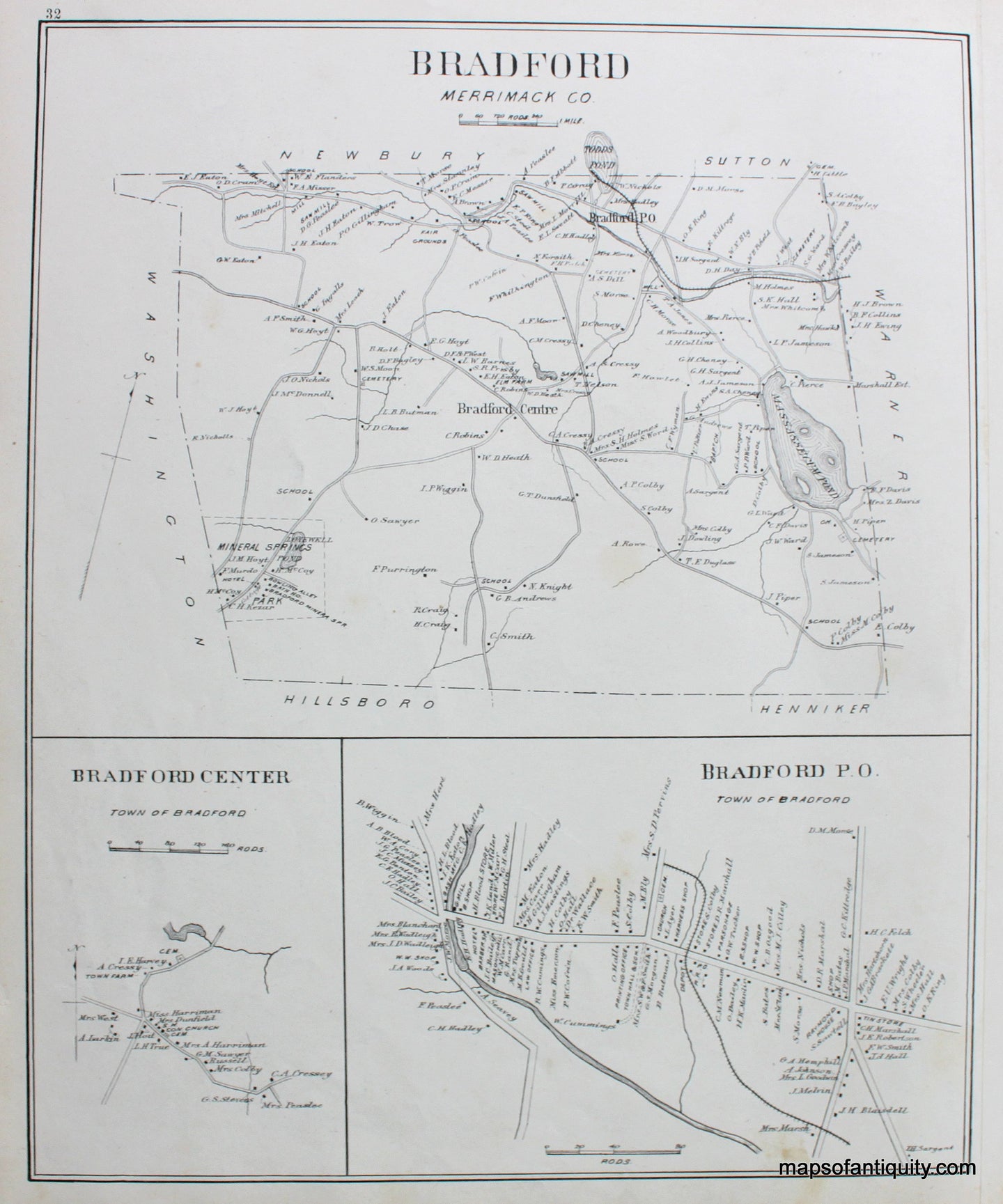 Antique-Map-Bradford-Merrimack-County-(NH)-New-Hampshire--1892-Hurd-Maps-Of-Antiquity