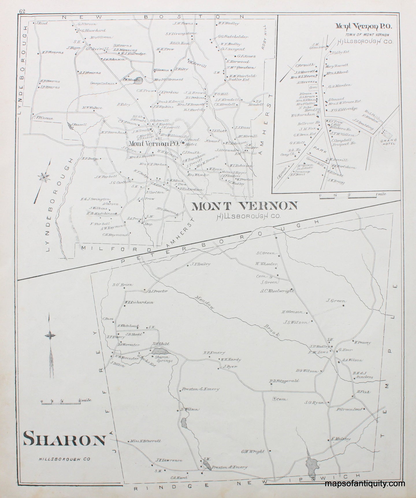 Antique-Map-Mount-Vernon-Sharon-(NH)-New-Hampshire--1892-Hurd-Maps-Of-Antiquity