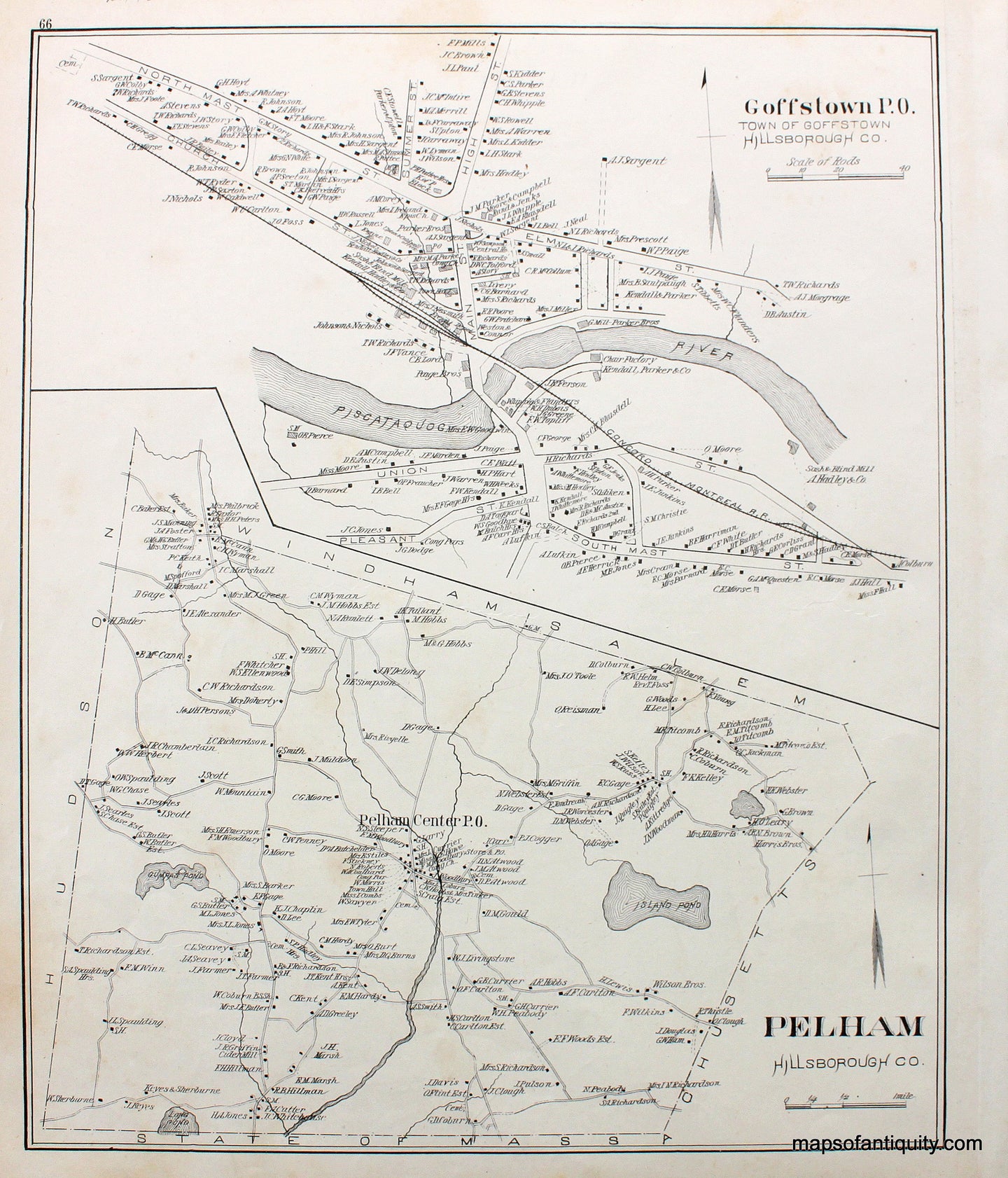 Antique-Map-Goffstown-P.O.-and-Pelham-(NH)-New-Hampshire--1892-Hurd-Maps-Of-Antiquity