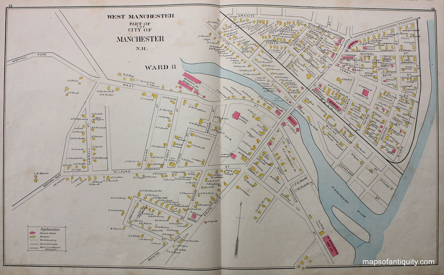 Antique-Map-Part-of-the-City-of-Manchester-N.H.-Ward-8-New-Hampshire--1892-Hurd-Maps-Of-Antiquity