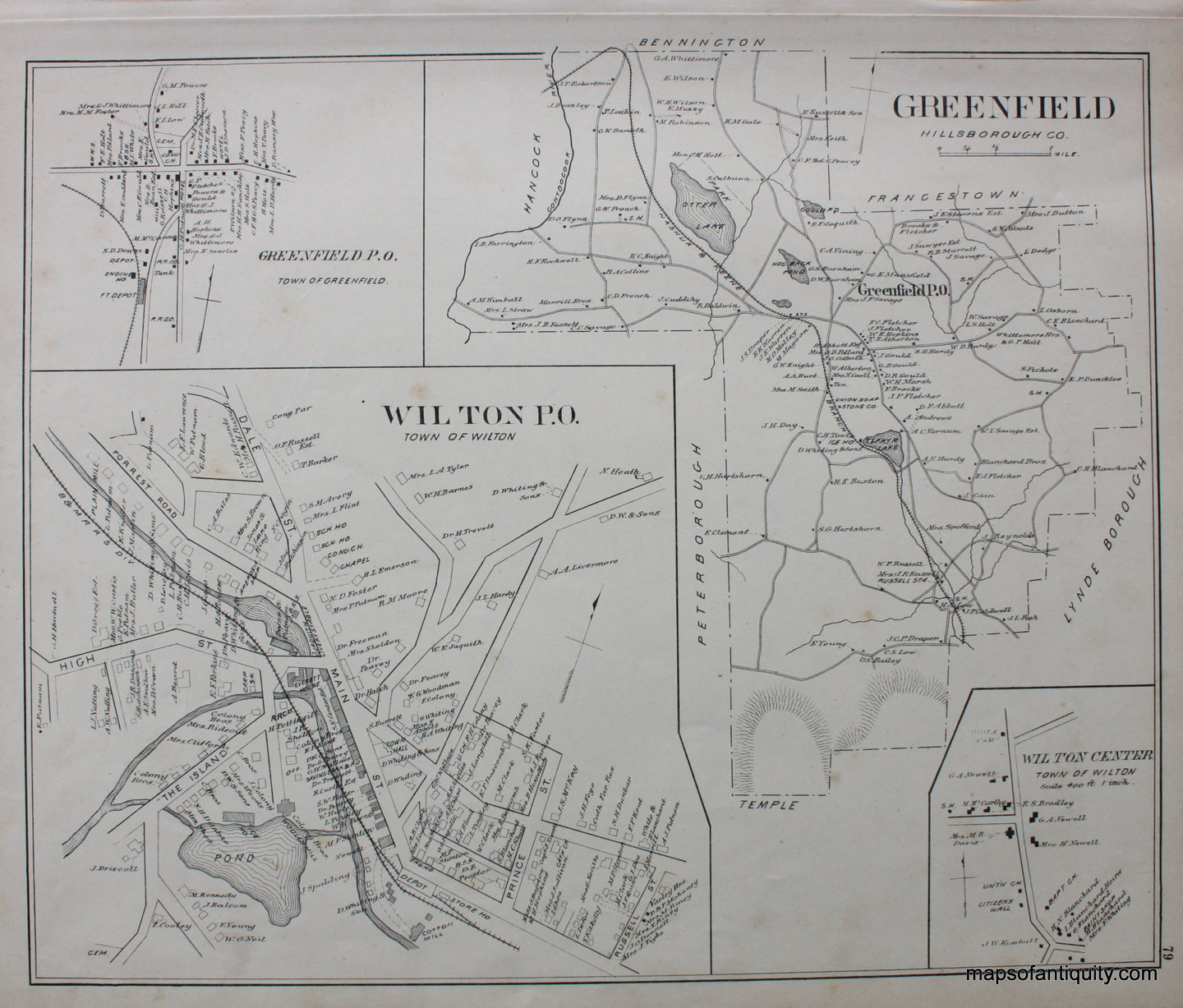 Antique-Map-Greenfield-and-Wilton-P.O.-(NH)-New-Hampshire--1892-Hurd-Maps-Of-Antiquity