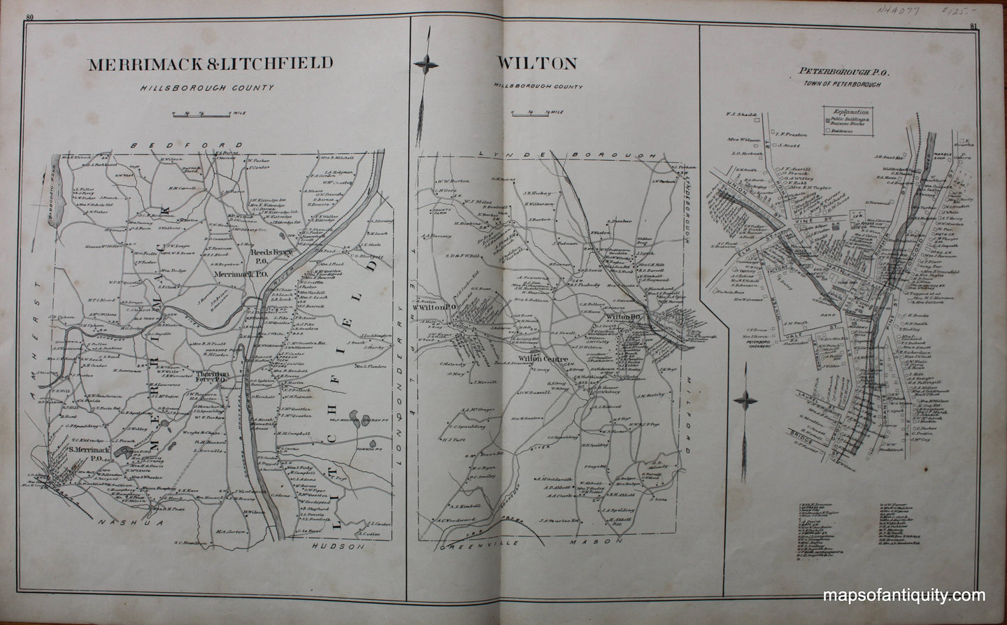 Antique-Map-Wilton-Merrimack-&-Litchfield-Peterborough-P.O.-(NH)-New-Hampshire--1892-Hurd-Maps-Of-Antiquity