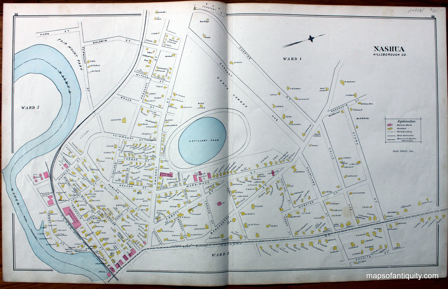 Antique-Map-Nashua-Ward-1-Ward-5-Ward-2-(NH)-**********-New-Hampshire--1892-Hurd-Maps-Of-Antiquity