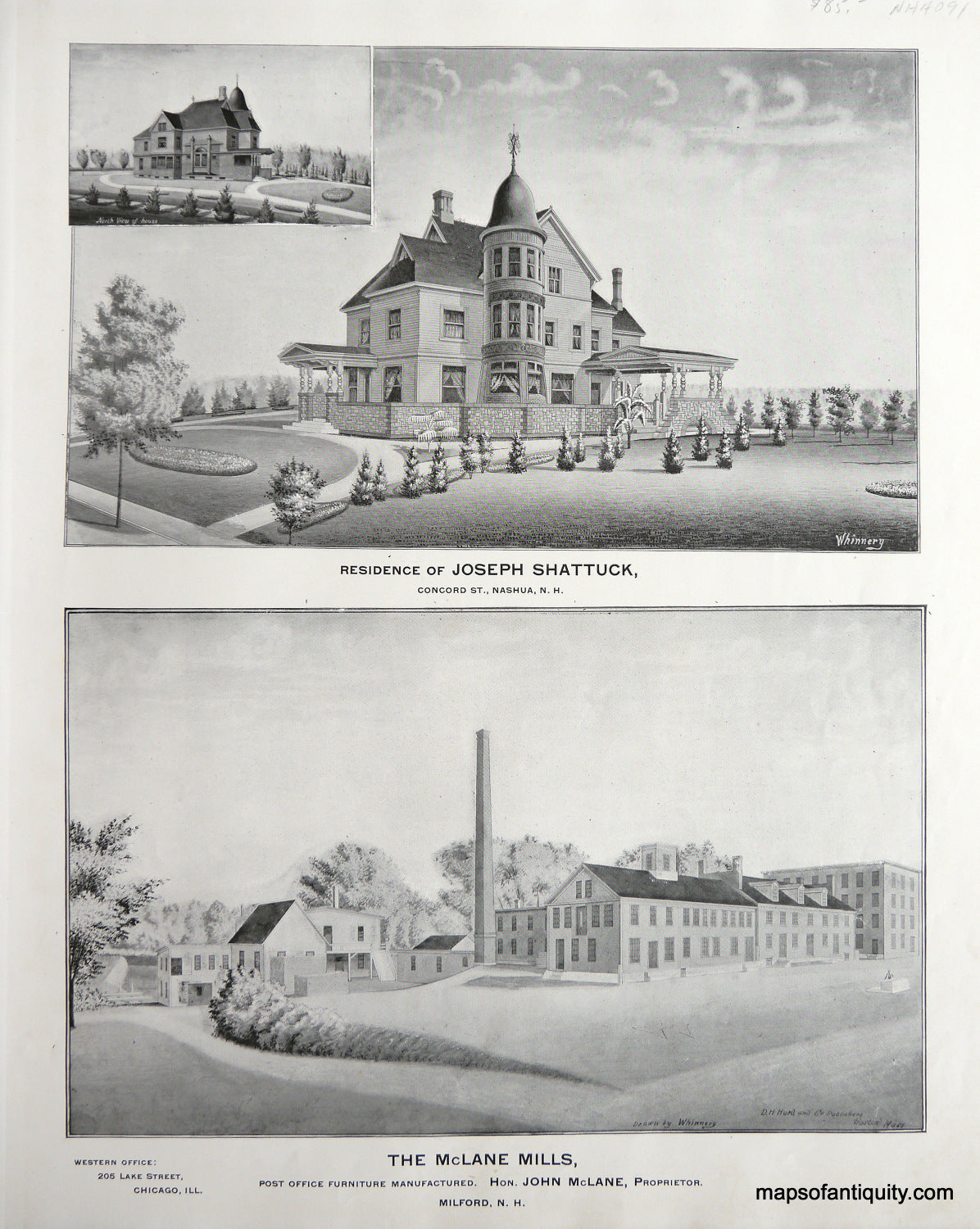 Antique-Illustration-Residence-of-Joseph-Shattuck-Nashua-N.H.-and-The-McLane-Mills-Milford-N.H.-New-Hampshire--1892-Hurd-Maps-Of-Antiquity