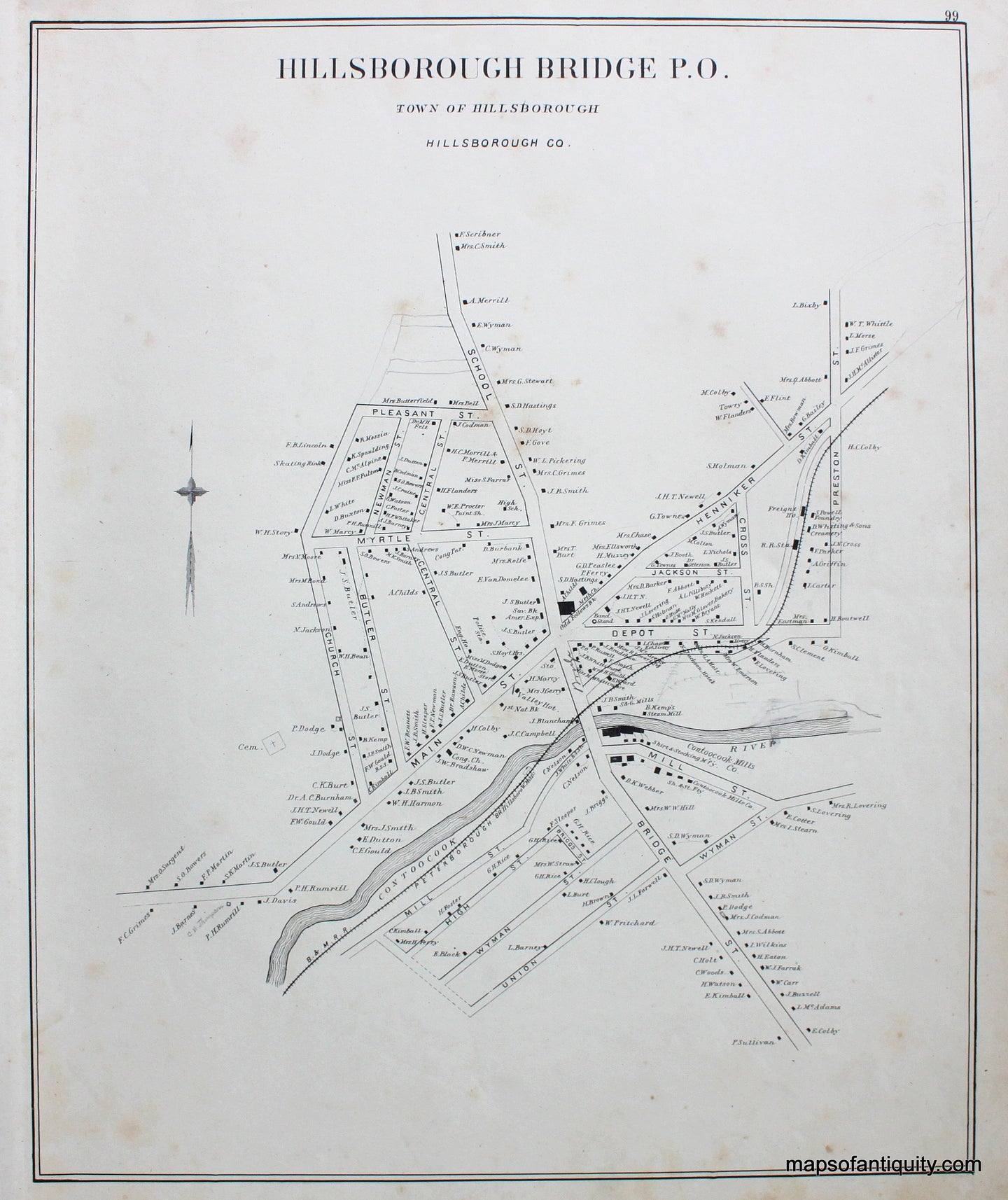 Antique-Map-Hillsborough-Bridge-P.O.--(NH)-New-Hampshire--1892-Hurd-Maps-Of-Antiquity