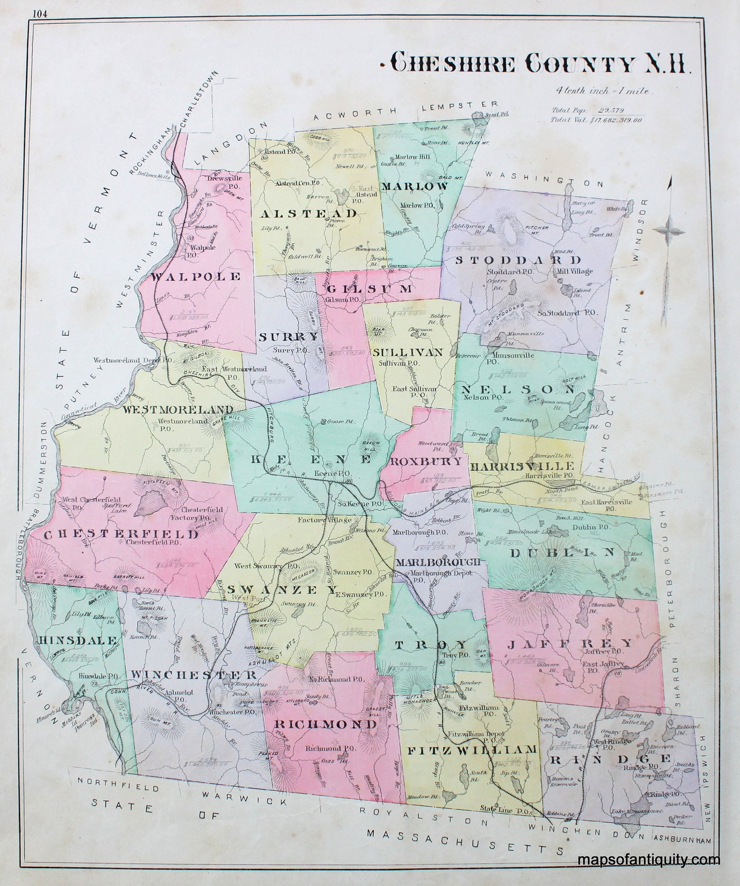 Antique-Map-Cheshire-County-N.H.-New-Hampshire--1892-Hurd-Maps-Of-Antiquity