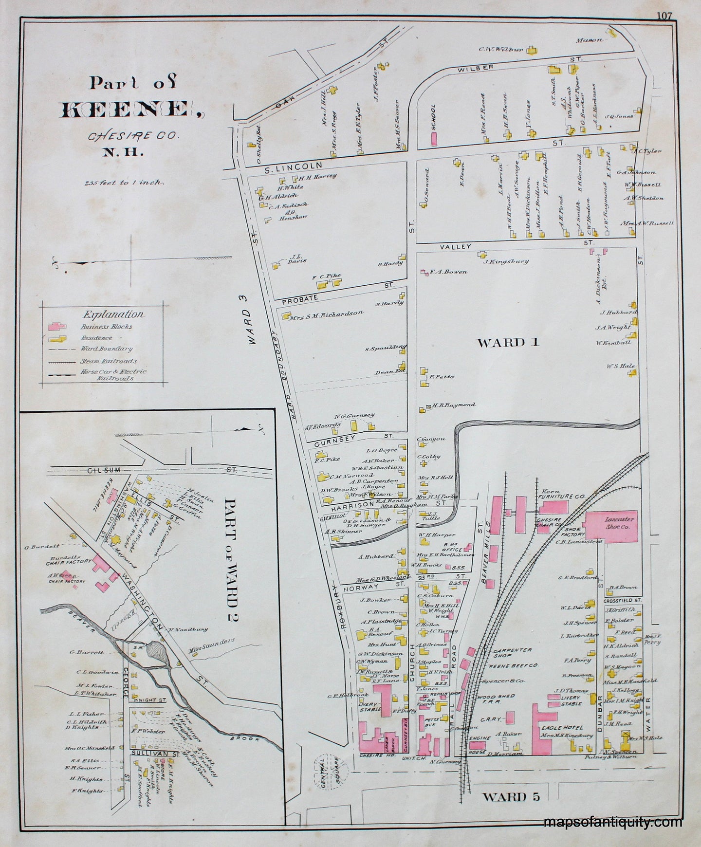 Antique-Map-Part-of-Keene-Ward-1-Ward-2-(NH)-New-Hampshire--1892-Hurd-Maps-Of-Antiquity