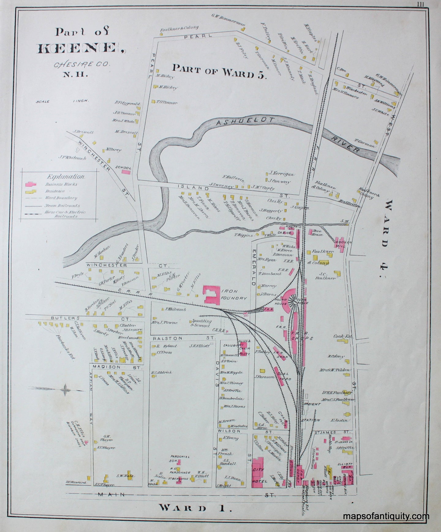 Antique-Map-Part-of-Keene-part-of-Ward-5-Ward-4-Ward-1-(NH)-New-Hampshire--1892-Hurd-Maps-Of-Antiquity