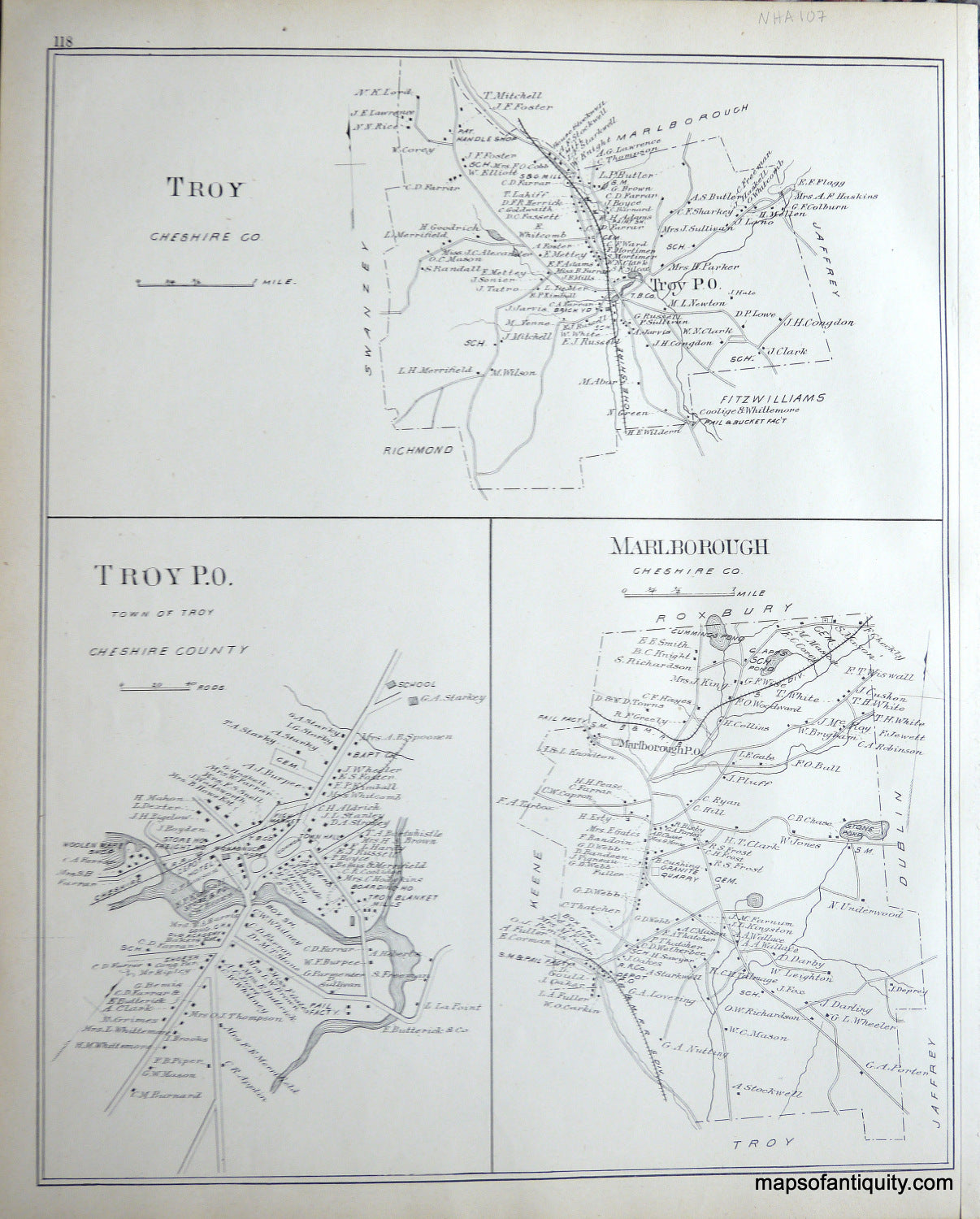 Antique-Map-Troy-Troy-P.O.-Marlborough-(NH)-New-Hampshire--1892-Hurd-Maps-Of-Antiquity