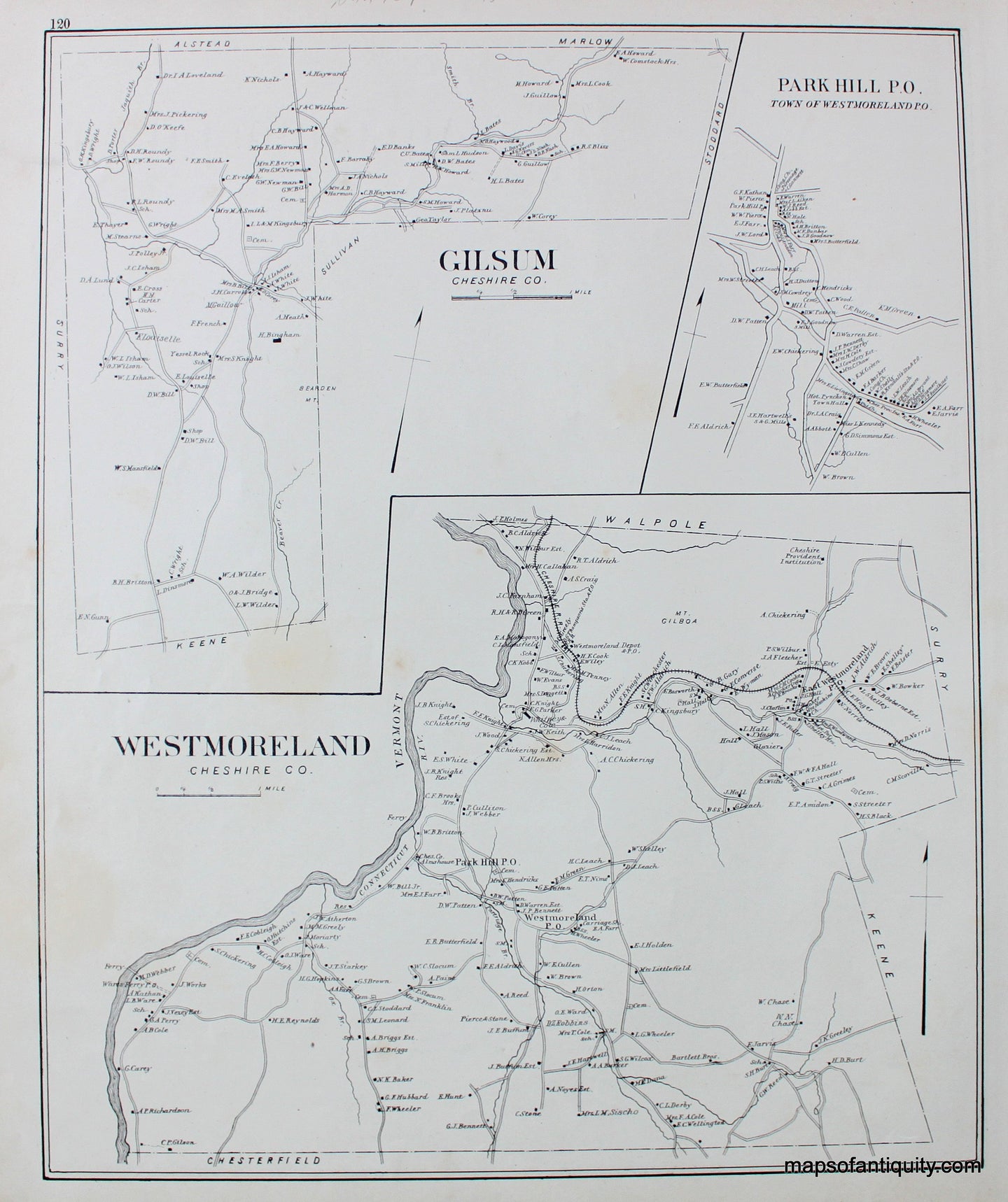 Antique-Map-Gilsum-Westmoreland-Park-Hill-P.O.-(NH)-New-Hampshire--1892-Hurd-Maps-Of-Antiquity