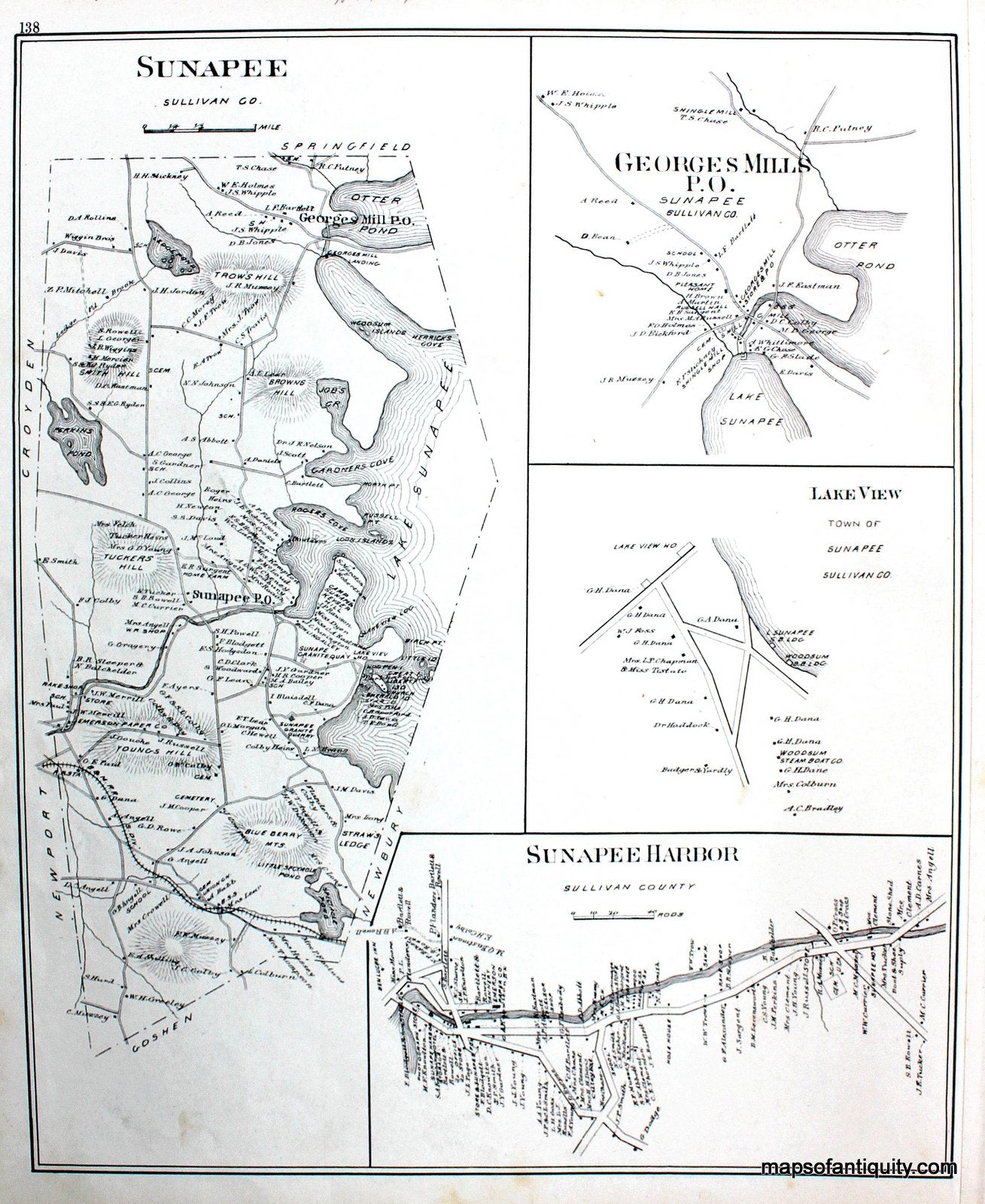 Antique-Map-Sunapee-Sunapee-Harbor-Georges-Mills-P.O.-(NH)-New-Hampshire--1892-Hurd-Maps-Of-Antiquity