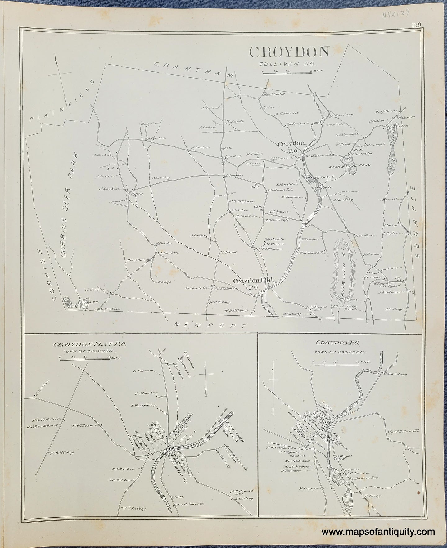 Antique-Map-Croydon-(NH)-New-Hampshire--1892-Hurd-Maps-Of-Antiquity