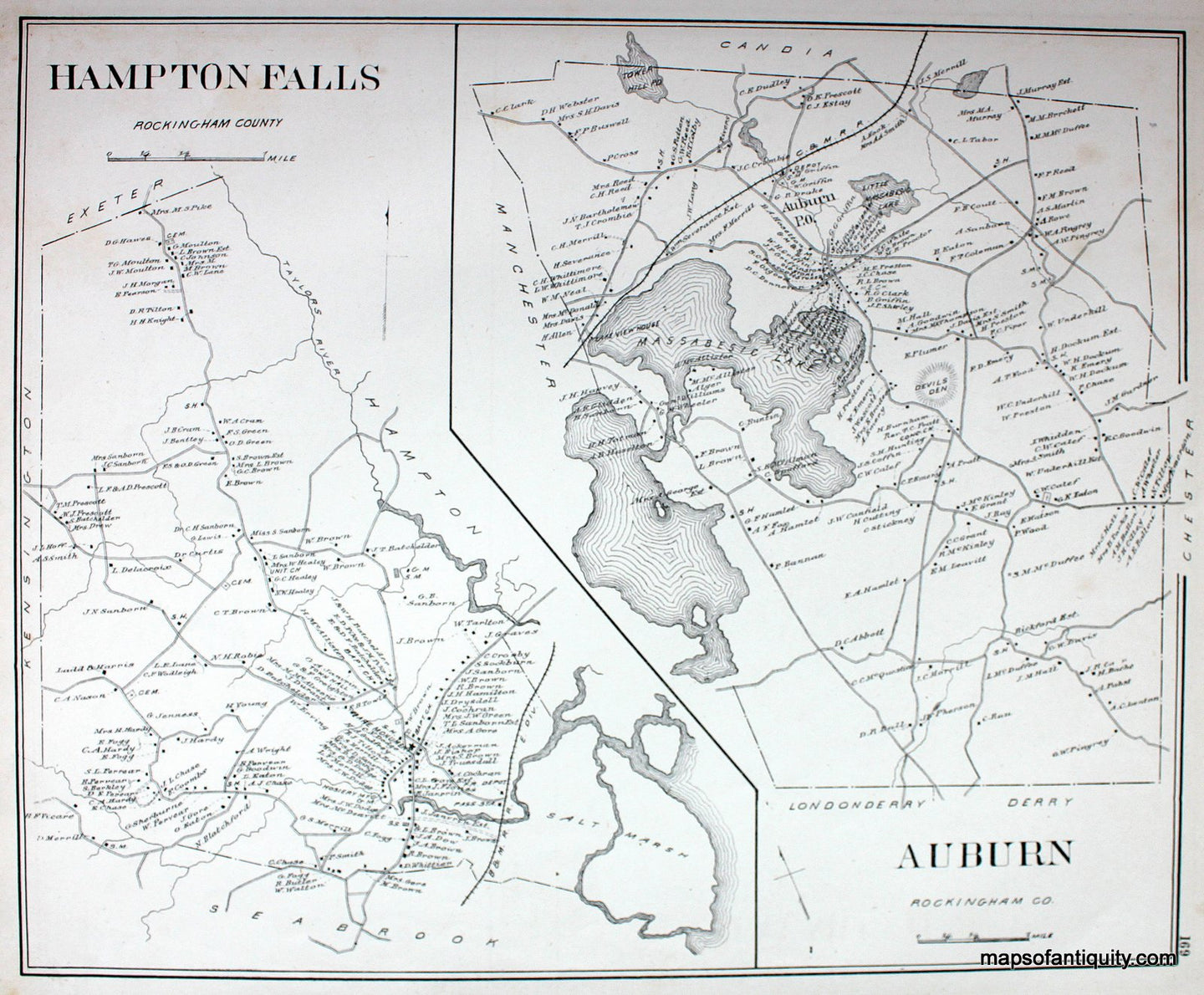 Antique-Map-Hampton-Falls-Auburn-(NH)-New-Hampshire--1892-Hurd-Maps-Of-Antiquity