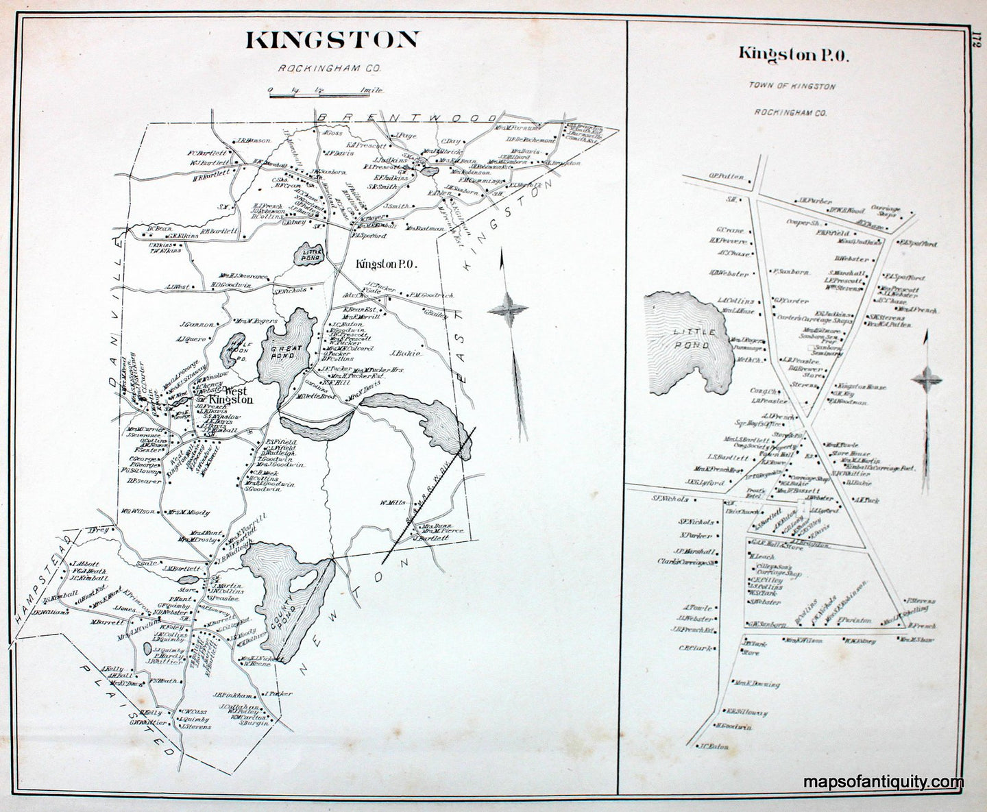 Antique-Map-Kingston-(NH)-New-Hampshire--1892-Hurd-Maps-Of-Antiquity
