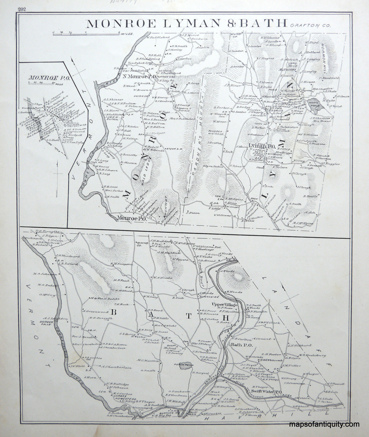 Antique-Map-Monroe-Lyman-&-Bath-(NH)-New-Hampshire--1892-Hurd-Maps-Of-Antiquity