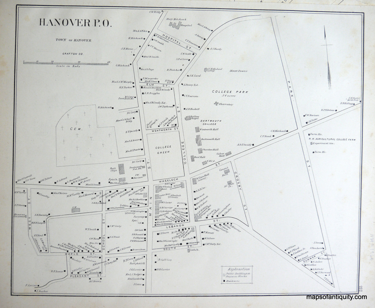 Antique-Map-Hanover-P.O.-(NH)-New-Hampshire--1892-Hurd-Maps-Of-Antiquity