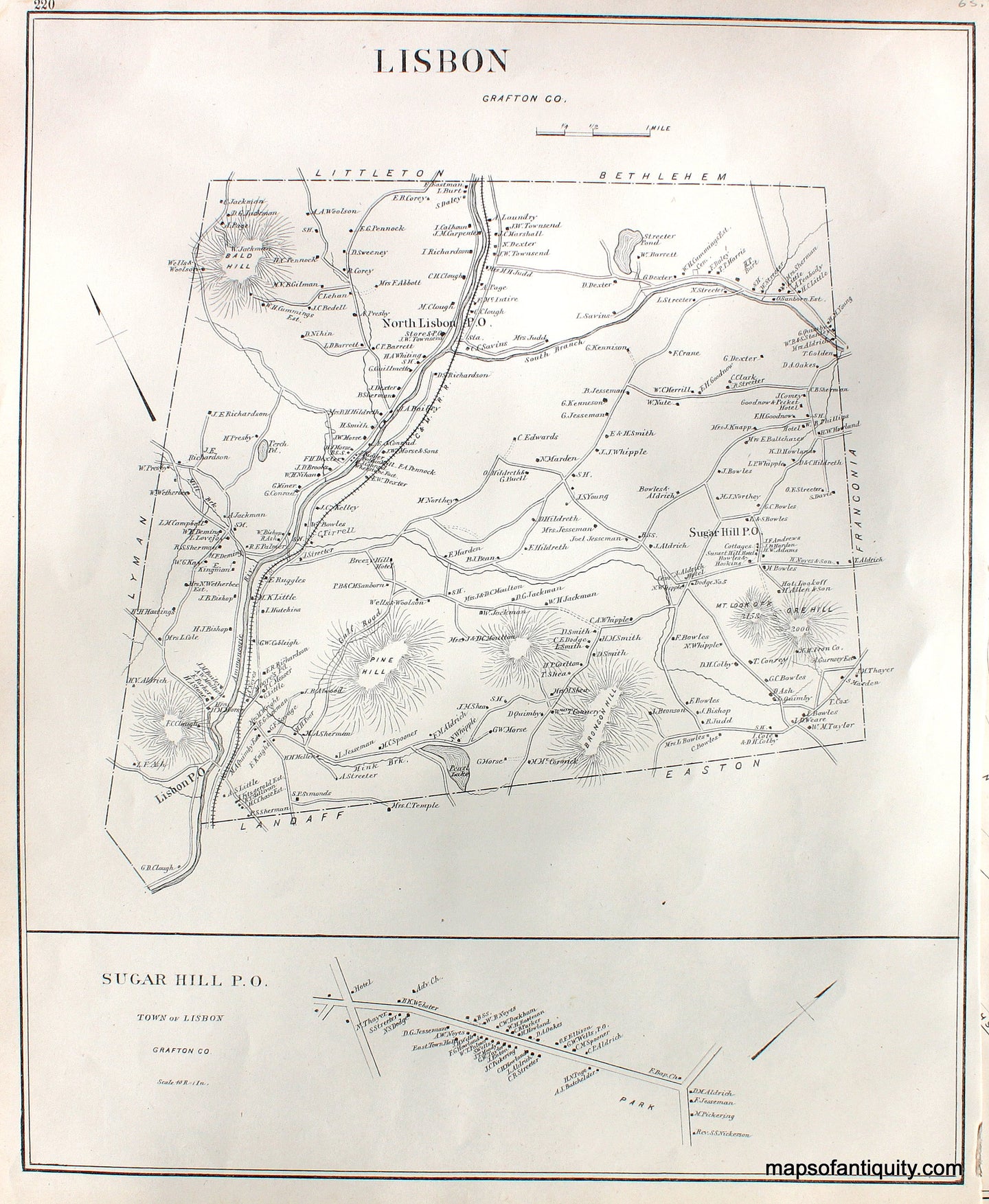 Antique-Map-Lisbon-Sugar-Hill-P.O.-(NH)-New-Hampshire--1892-Hurd-Maps-Of-Antiquity