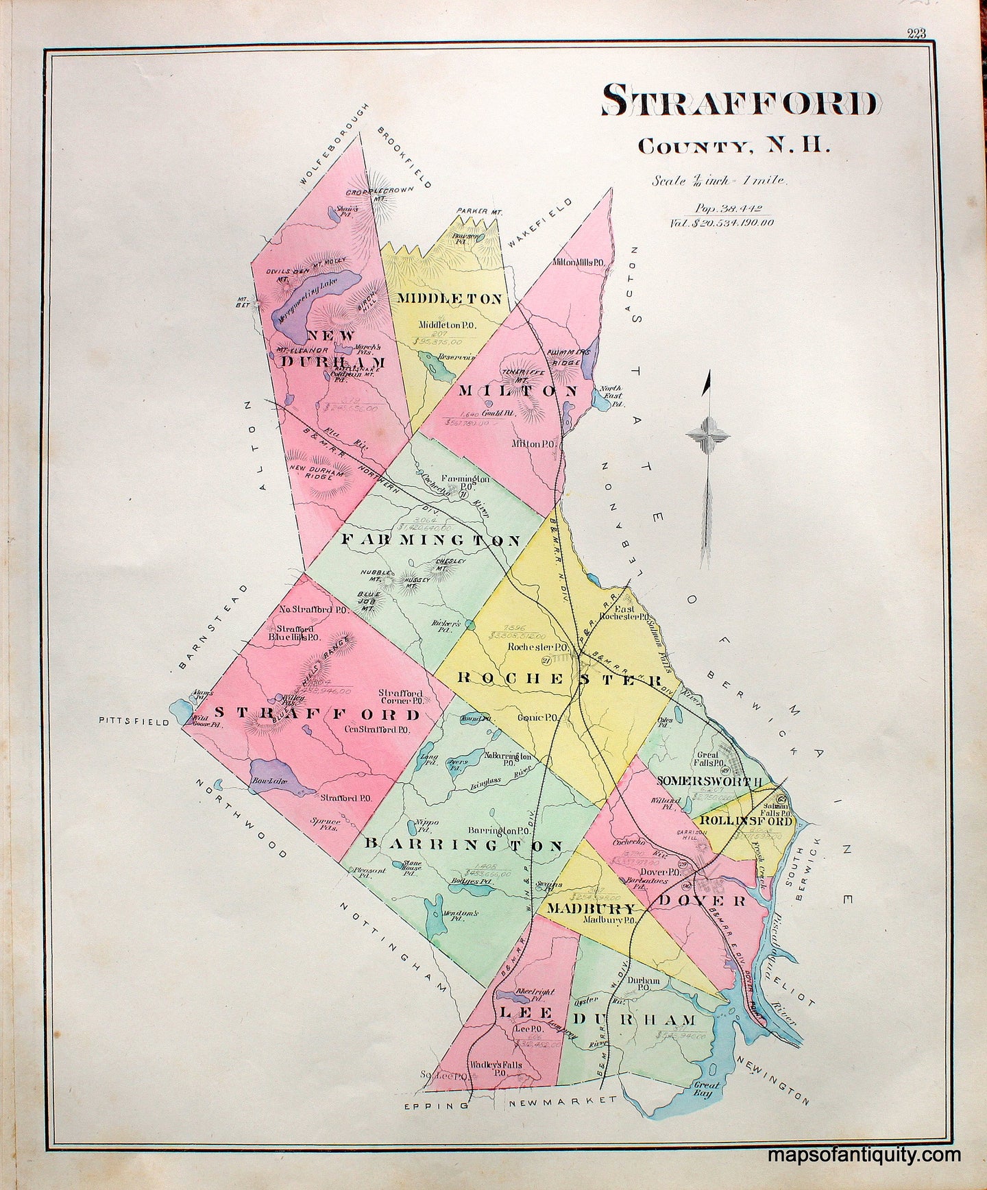Antique-Map-Strafford-County-N.H.-New-Hampshire--1892-Hurd-Maps-Of-Antiquity