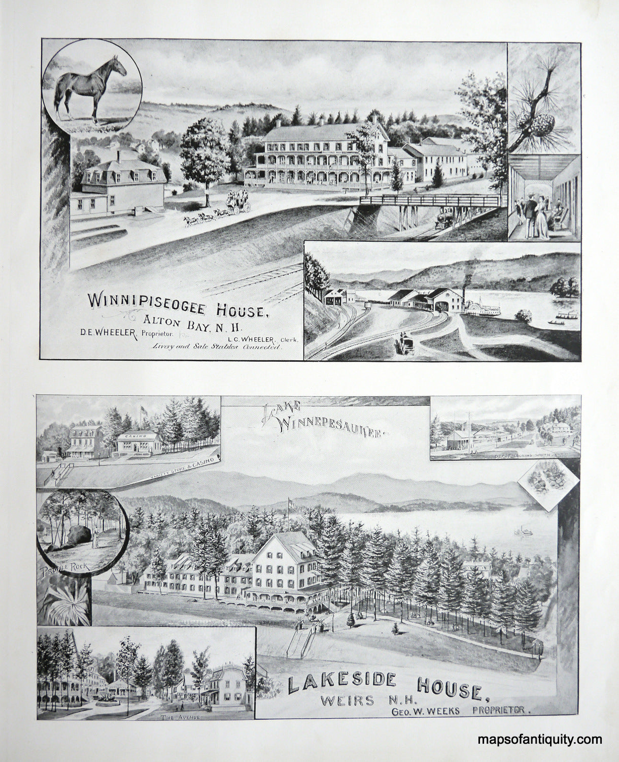 Antique-Illustration-Winnipiseogee-House-Alton-Bay-N.H.-Lakeside-House-Weirs-N.H.-New-Hampshire--1892-Hurd-Maps-Of-Antiquity