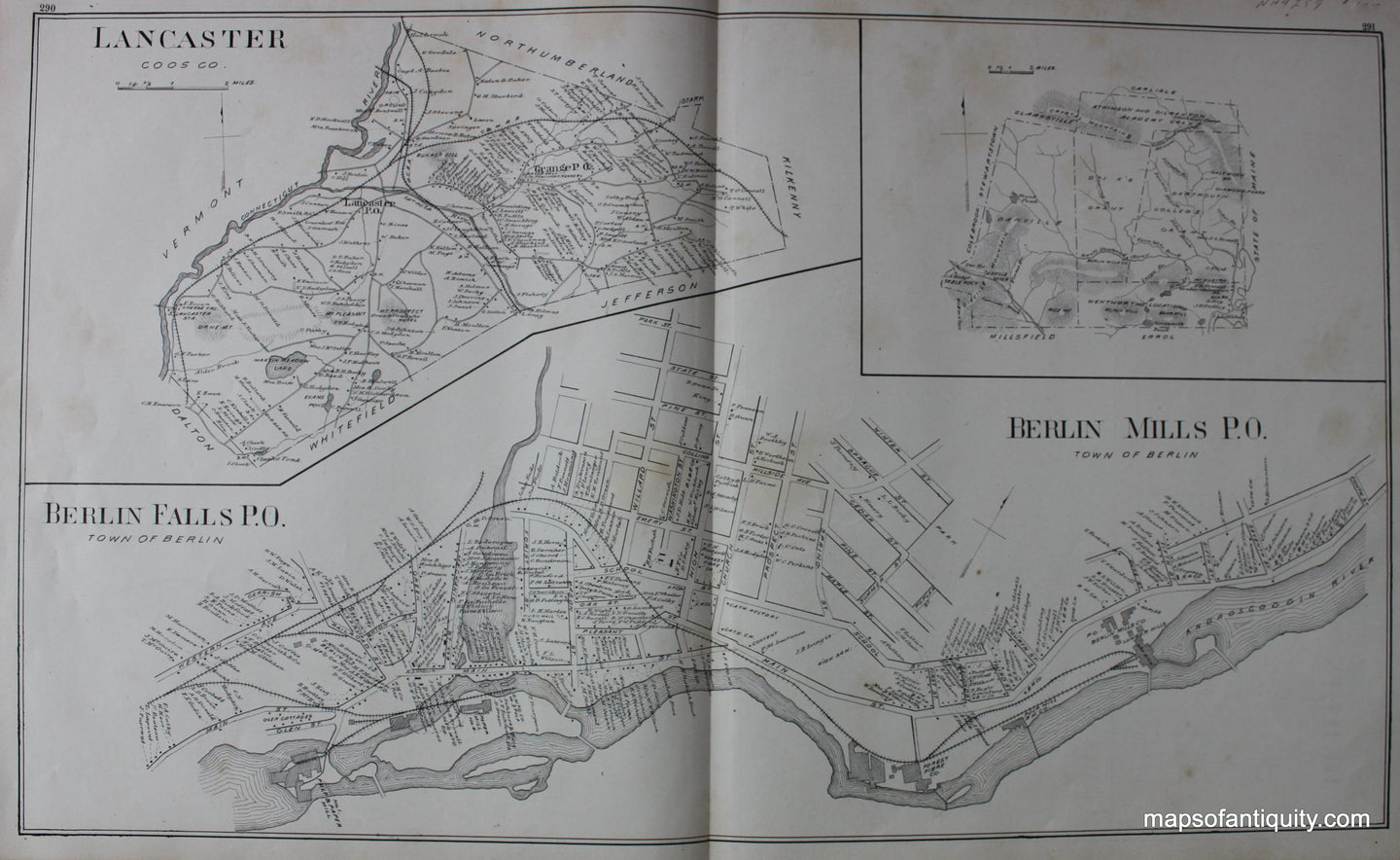 Antique-Map-Lancaster-Berlin-Falls-P.O.-Berlin-Mills-P.O.-(NH)-New-Hampshire--1892-Hurd-Maps-Of-Antiquity