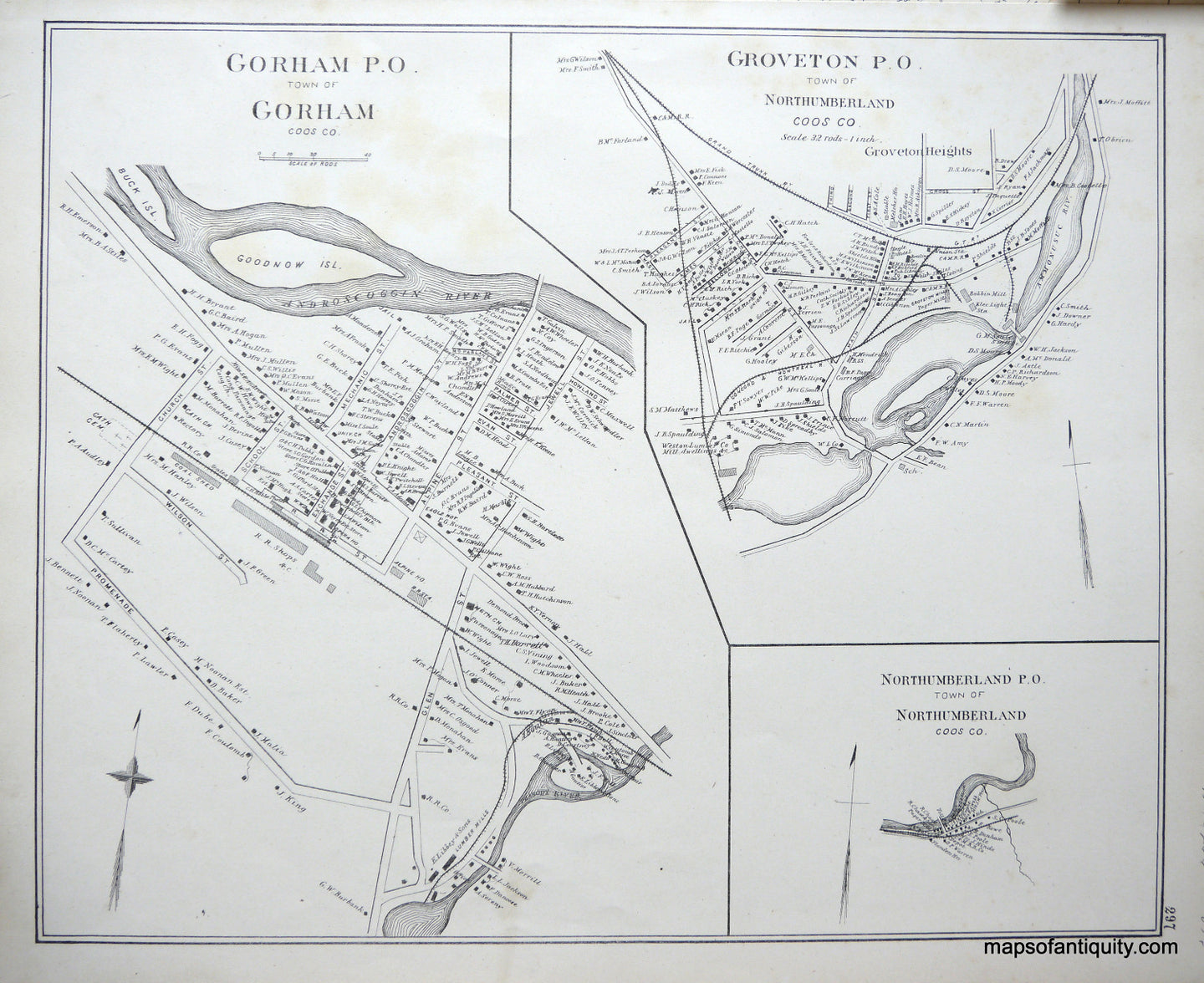 Antique-Map-Gorham-P.O.-Groveton-P.O.-(NH)-New-Hampshire--1892-Hurd-Maps-Of-Antiquity