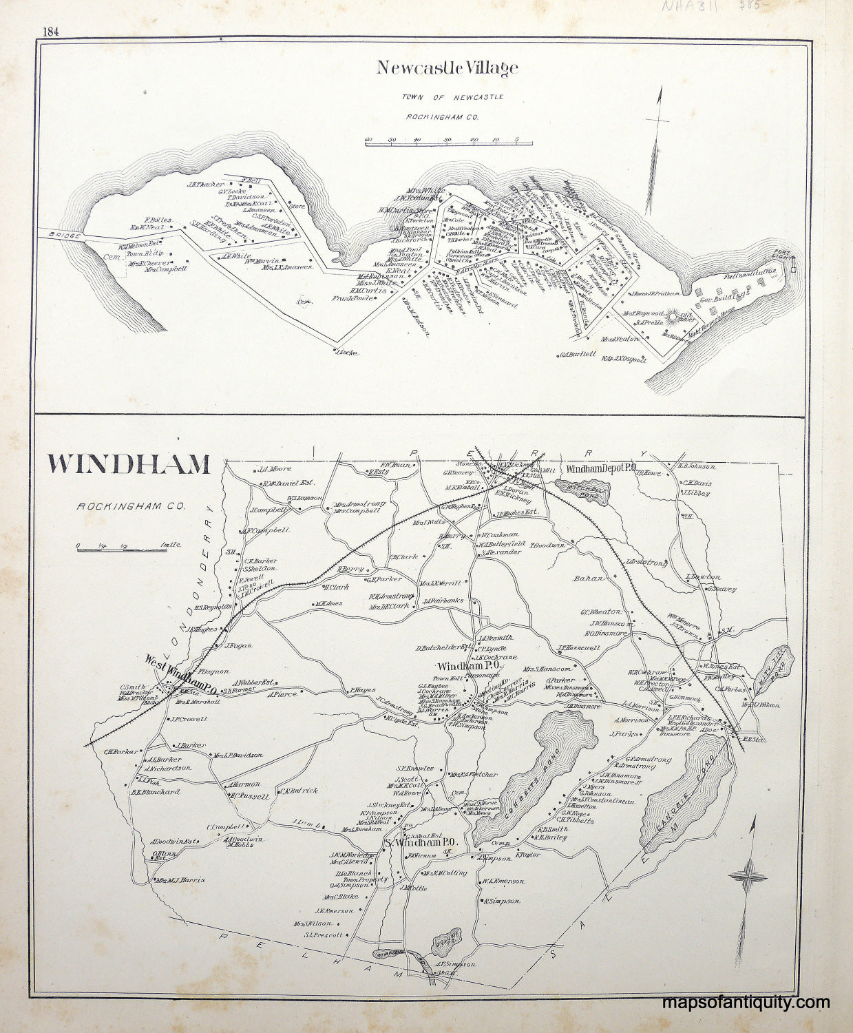 Antique-Map-Newcastle-Village/-Windham-(NH)-******-New-Hampshire--1892-Hurd-Maps-Of-Antiquity